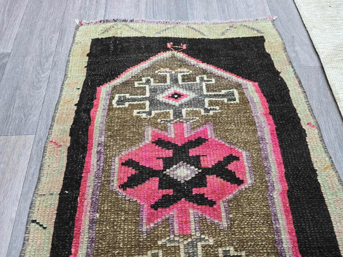 Vintage Turkish Wool Rug: Black & Pink Geometric Oushak Doormat (2x3 ft)