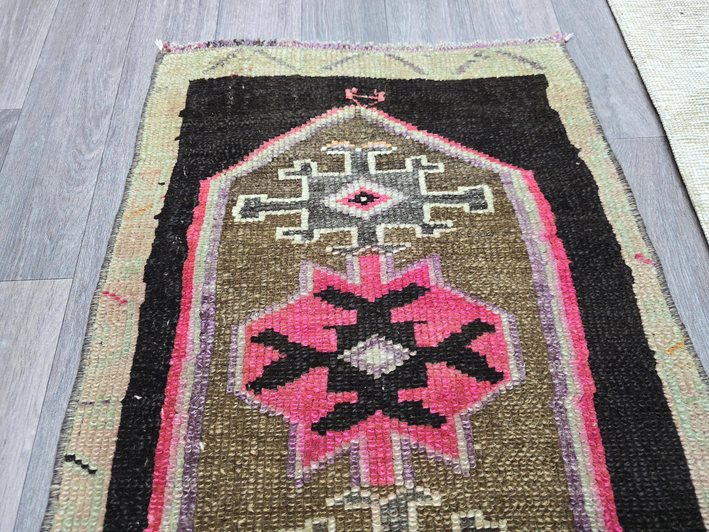 Vintage Turkish Wool Rug: Black & Pink Geometric Oushak Doormat (2x3 ft)