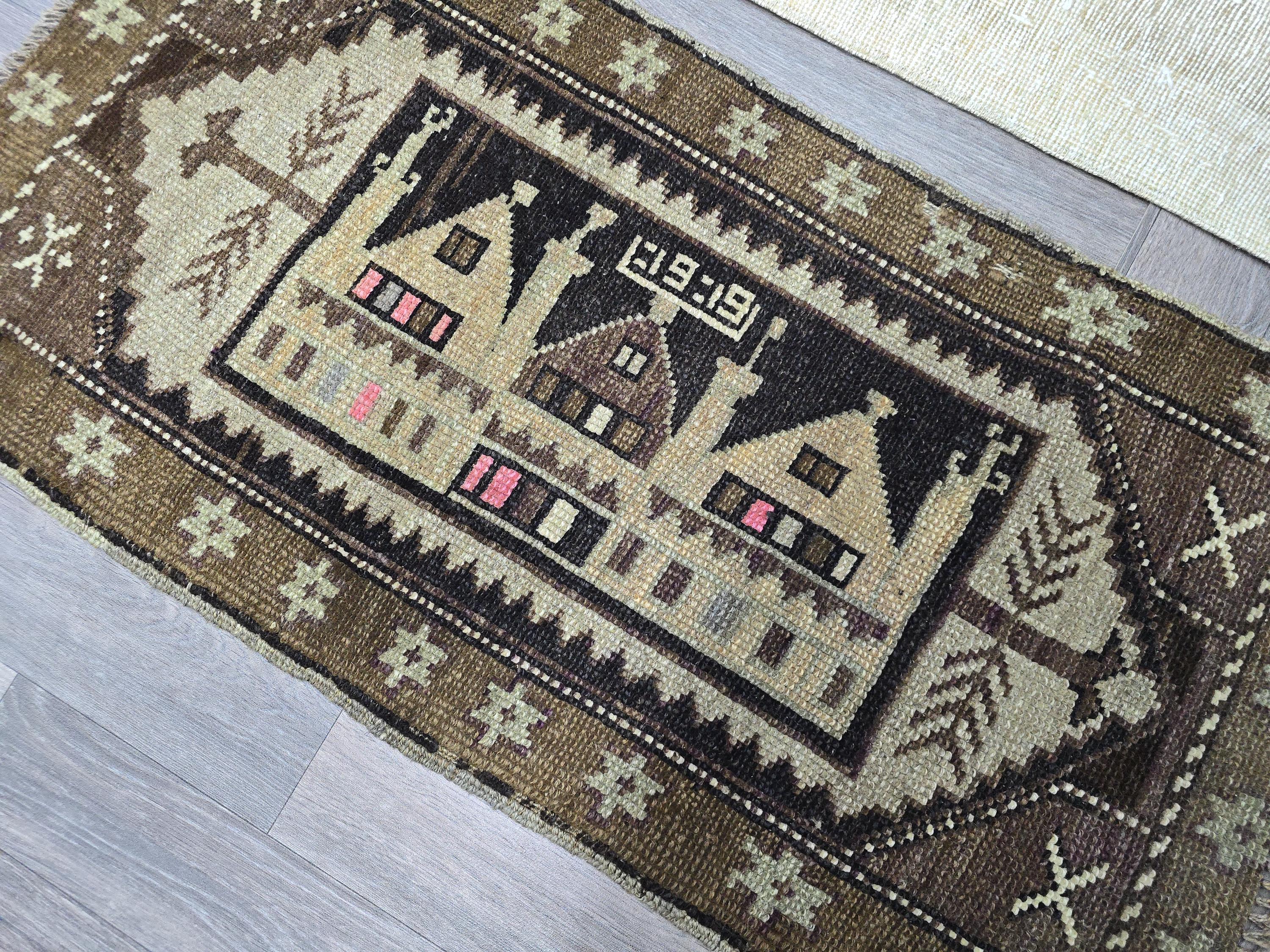 Hand Knotted Turkish Doormat and Bath mat Neutral Beige Brown - 20x41 inches