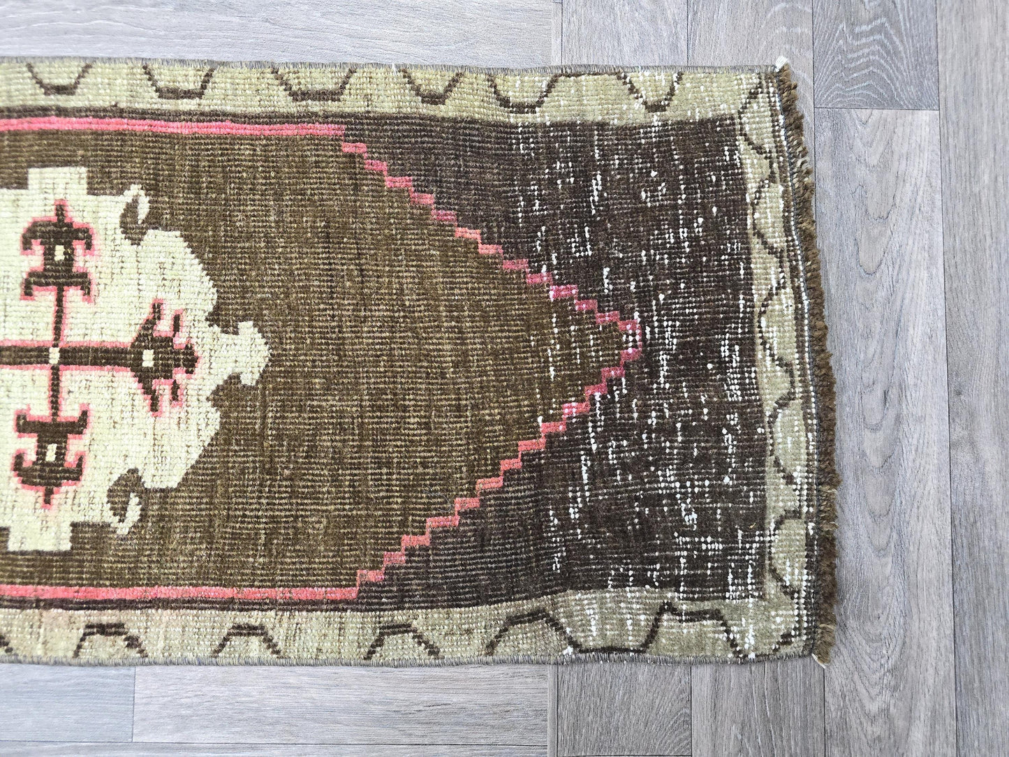 Vintage Turkish Doormat Brown Pink 1x3 - Hand Knotted Wool Small Rug - Tribal Persian Entry Rug - Boho Bathroom Mat 47x110cm