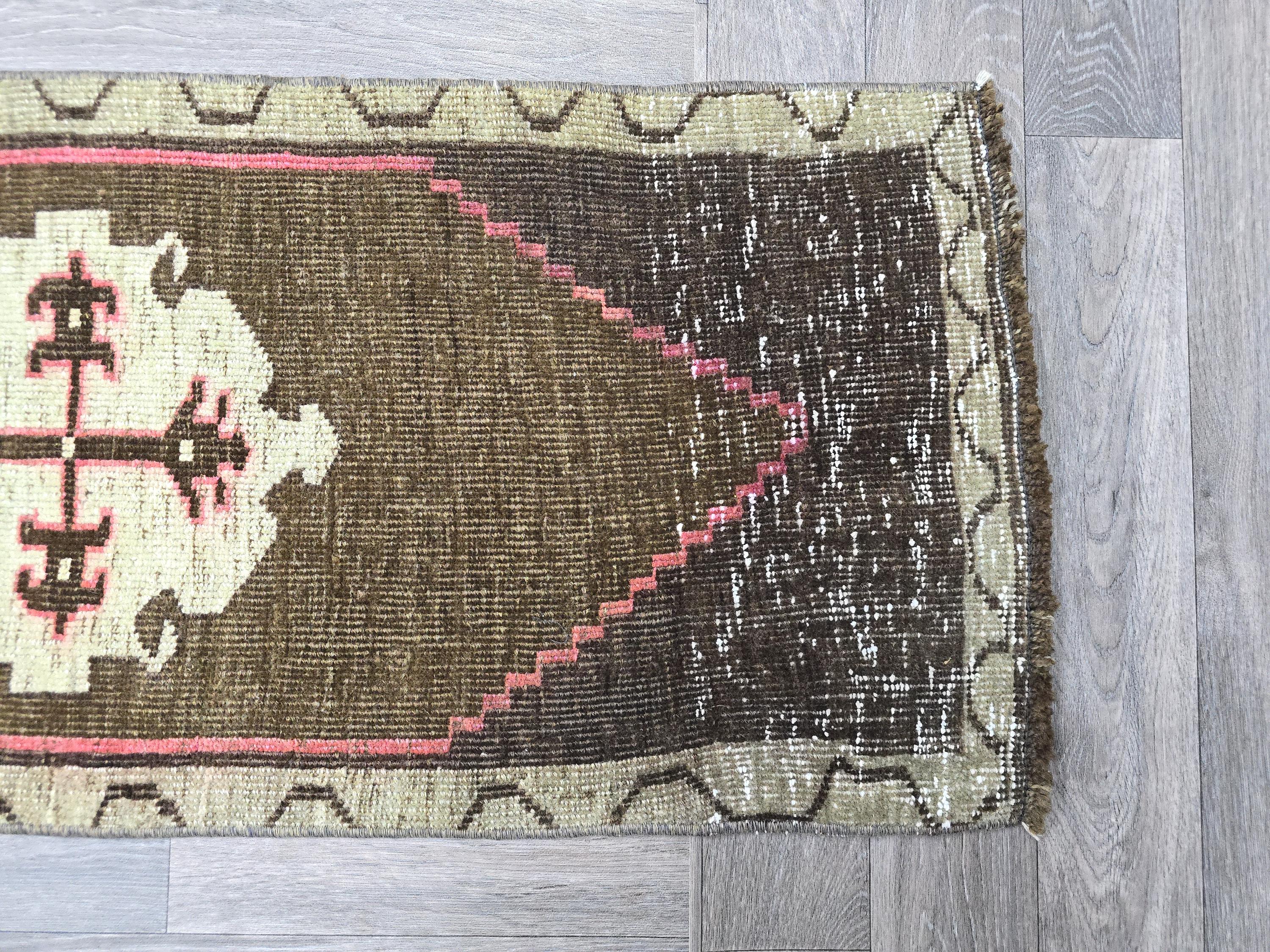 Vintage Hand-Knotted Turkish Wool Rug: Brown Tribal Medallion Entry Mat (1x3 ft)