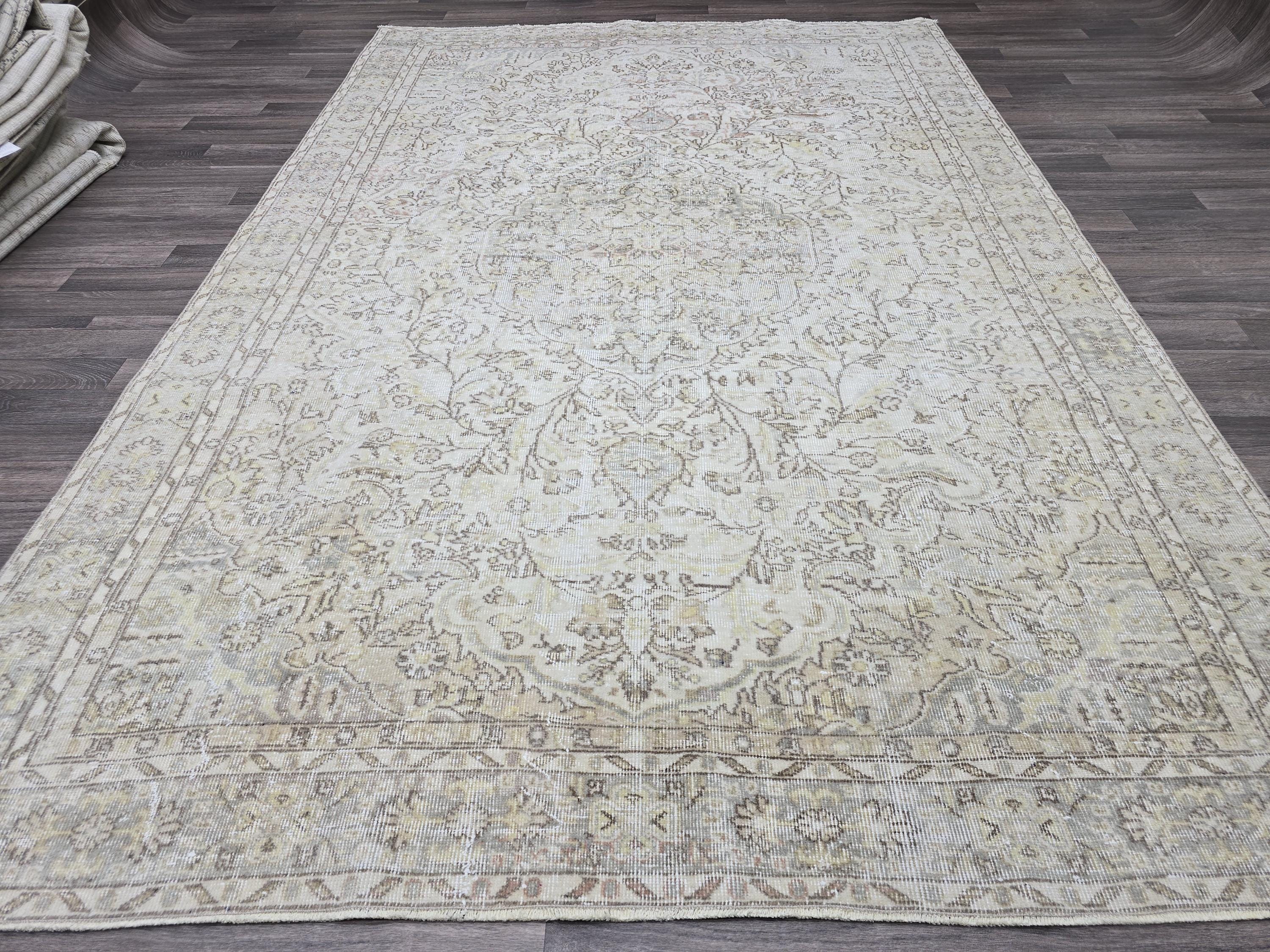 7x10 Vintage Turkish Oushak Rug: Handknotted Wool, Muted Neutral