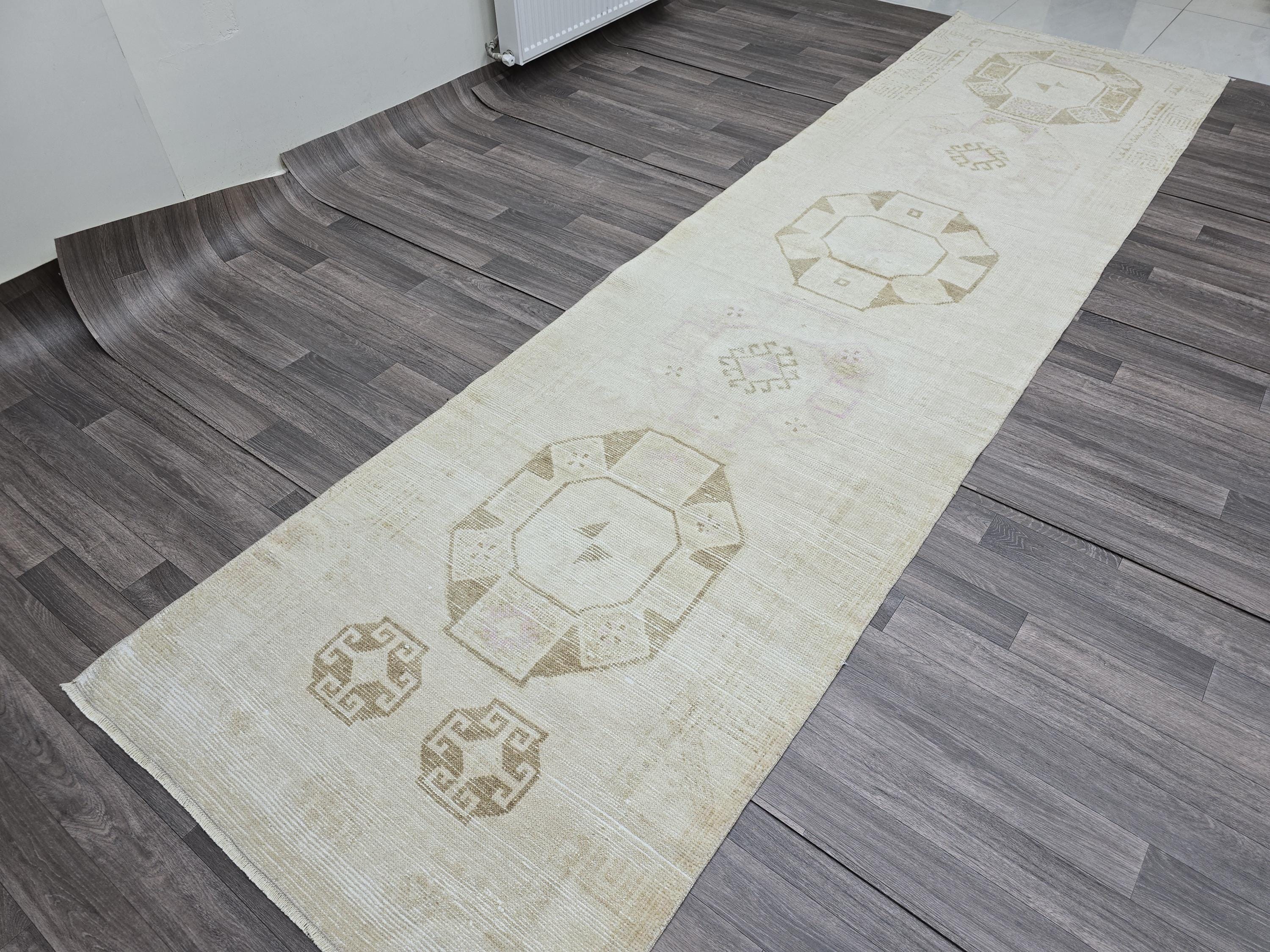 Handwoven Oushak Runner Rug: 3.5x12.7 ft, Neutral Turkish Vintage Rug