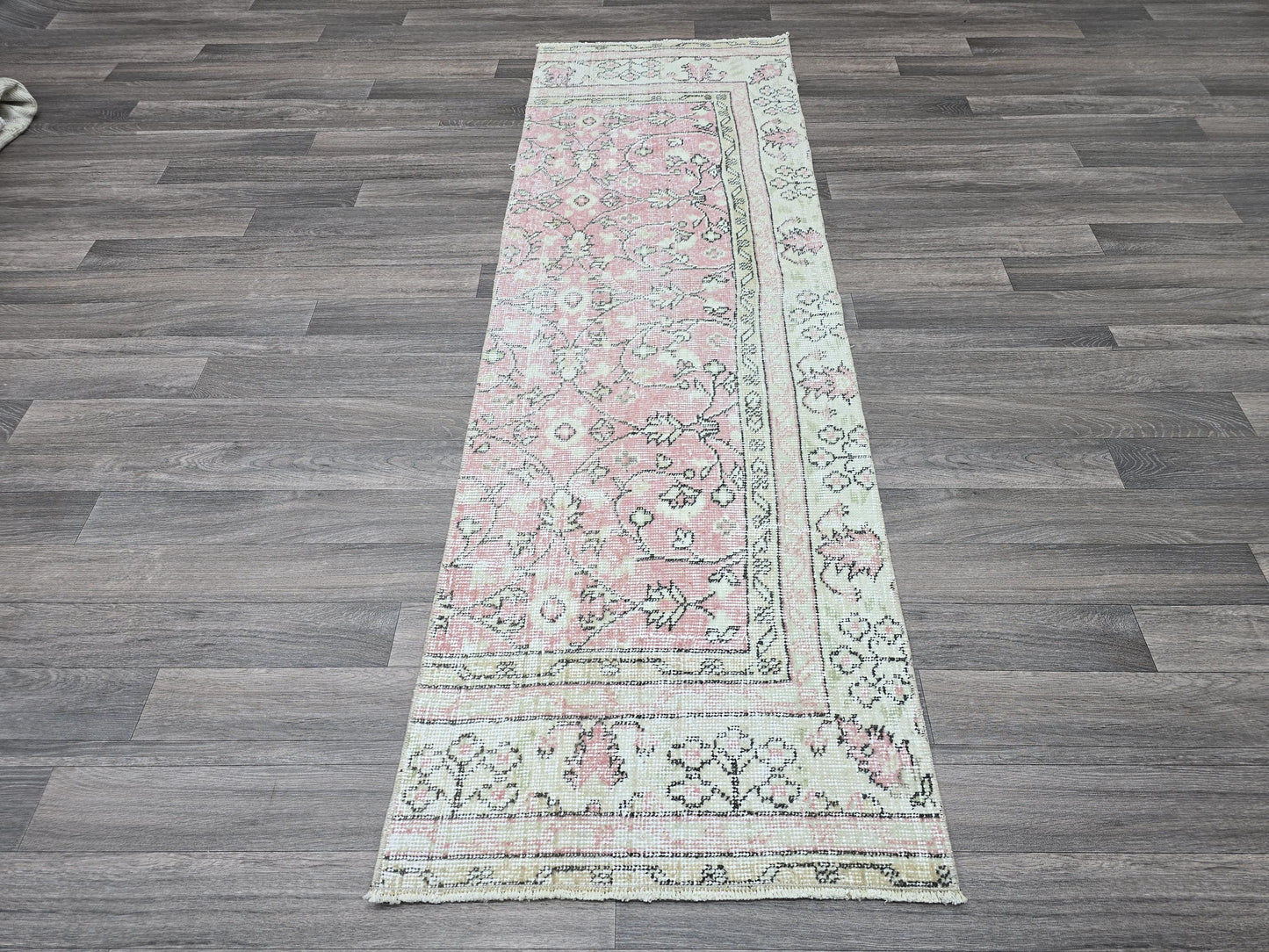 Vintage Turkish Runner Rug: Pink Oushak Wool Hallway Carpet