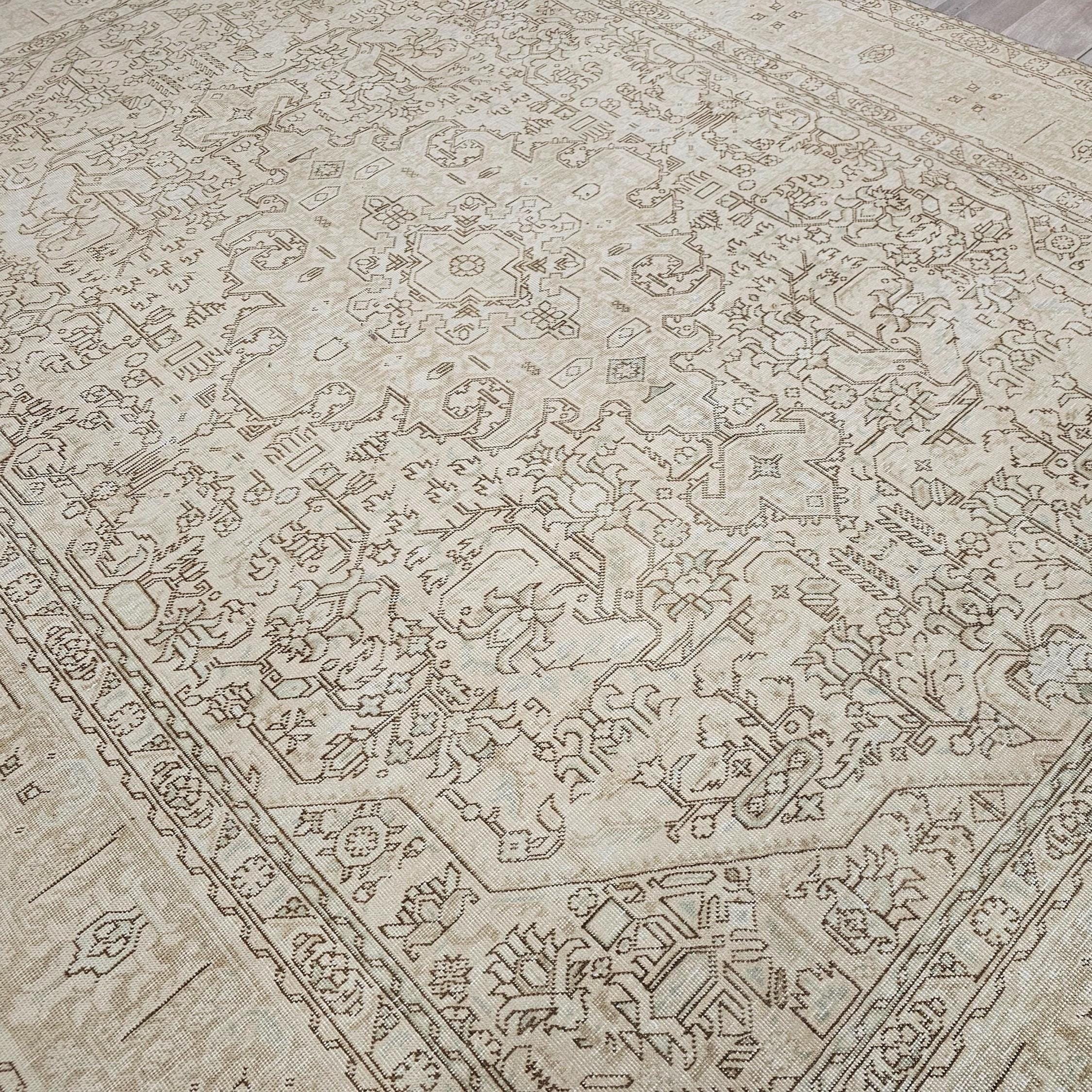 Oversized Neutral Oushak Rug: Vintage Geometric Turkish Wool Carpet (9.6x12.6 ft)