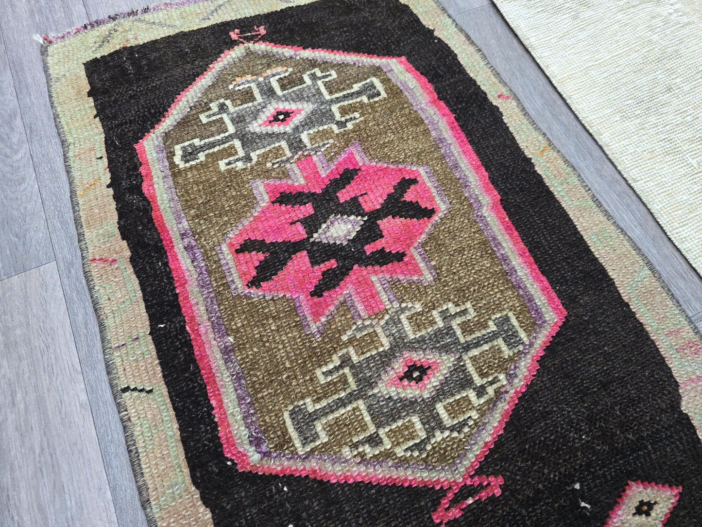 Vintage Turkish Wool Rug: Black & Pink Geometric Oushak Doormat (2x3 ft)