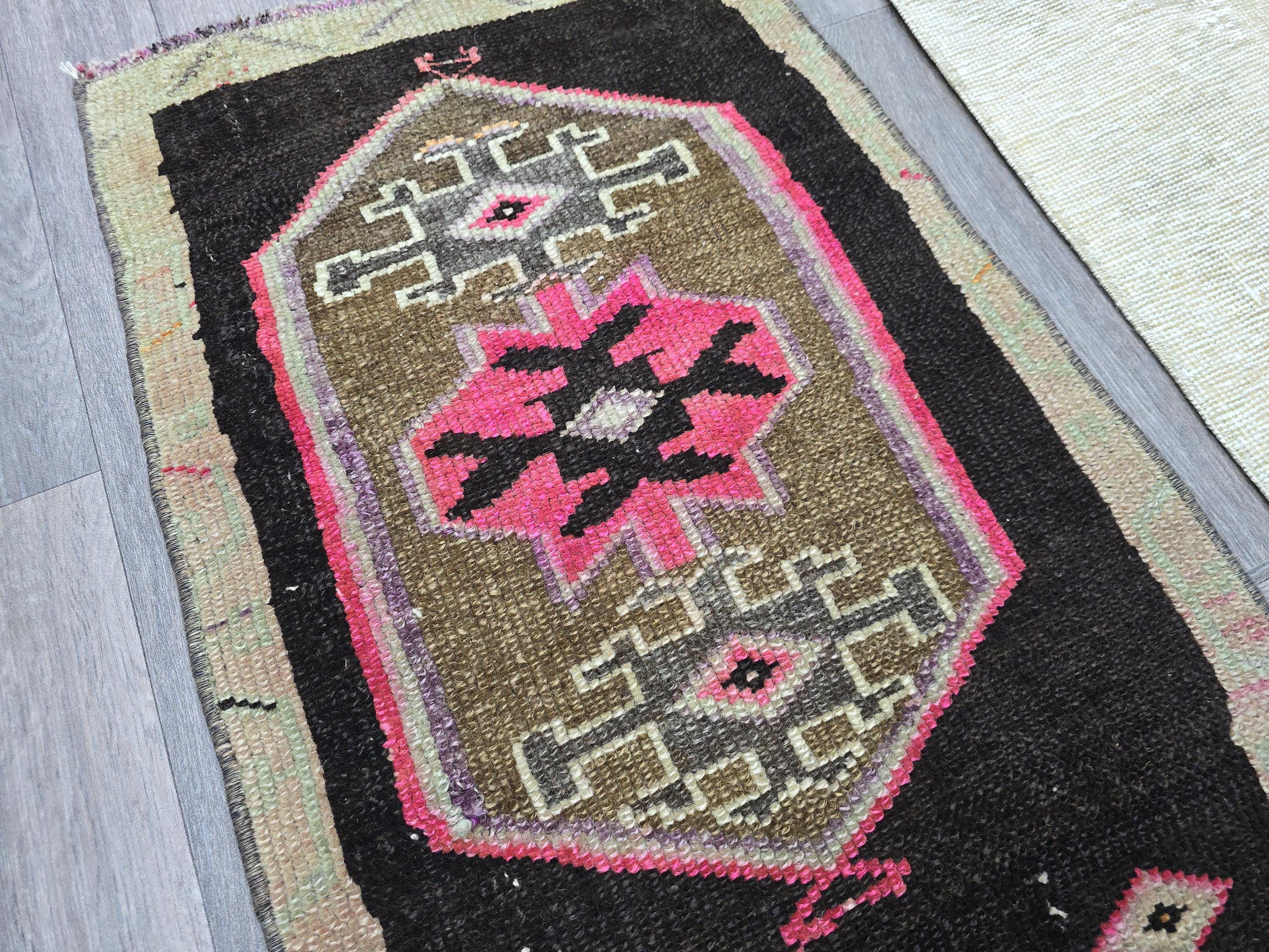 Vintage Turkish Wool Rug: Black & Pink Geometric Oushak Doormat (2x3 ft)