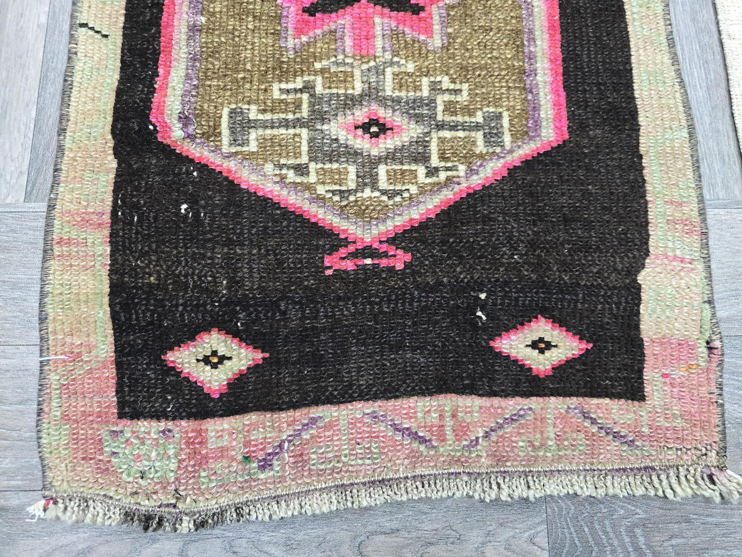 Vintage Turkish Wool Rug: Black & Pink Geometric Oushak Doormat (2x3 ft)