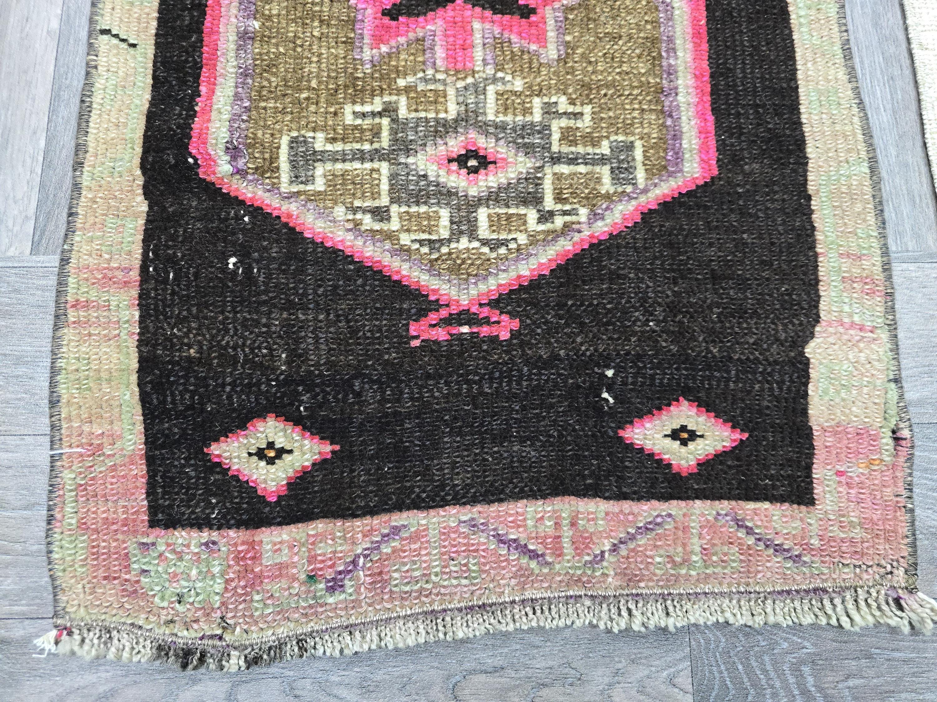 Vintage Turkish Wool Rug: Black & Pink Geometric Oushak Doormat (2x3 ft)