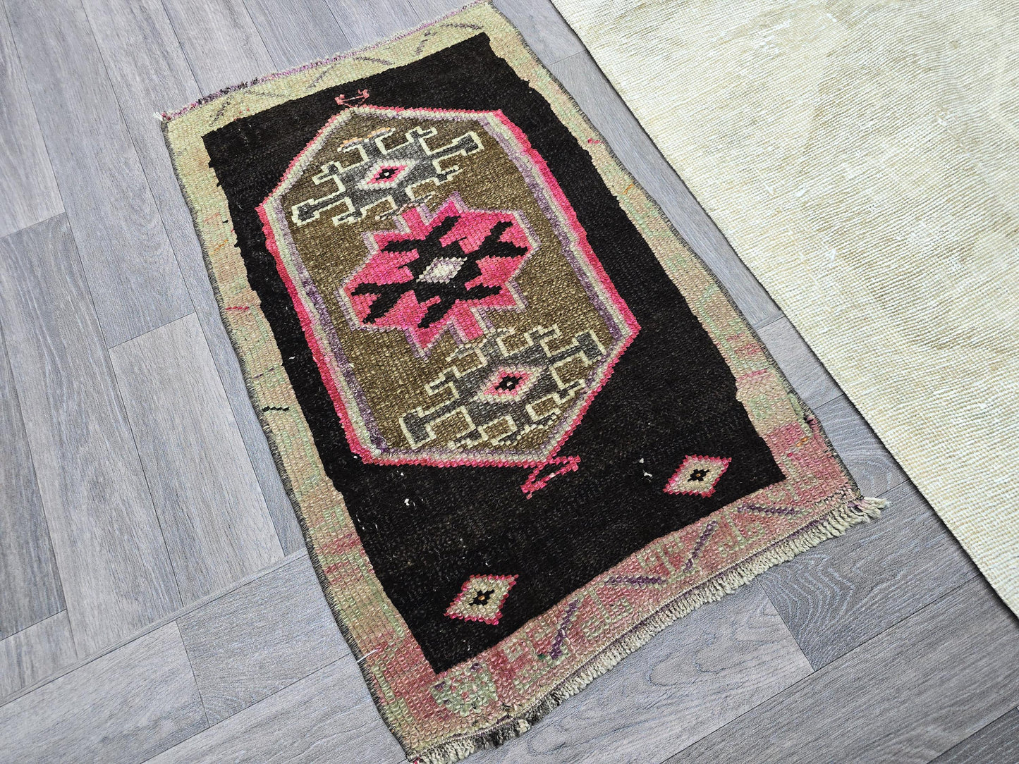 Vintage Turkish Wool Rug: Black & Pink Geometric Oushak Doormat (2x3 ft)