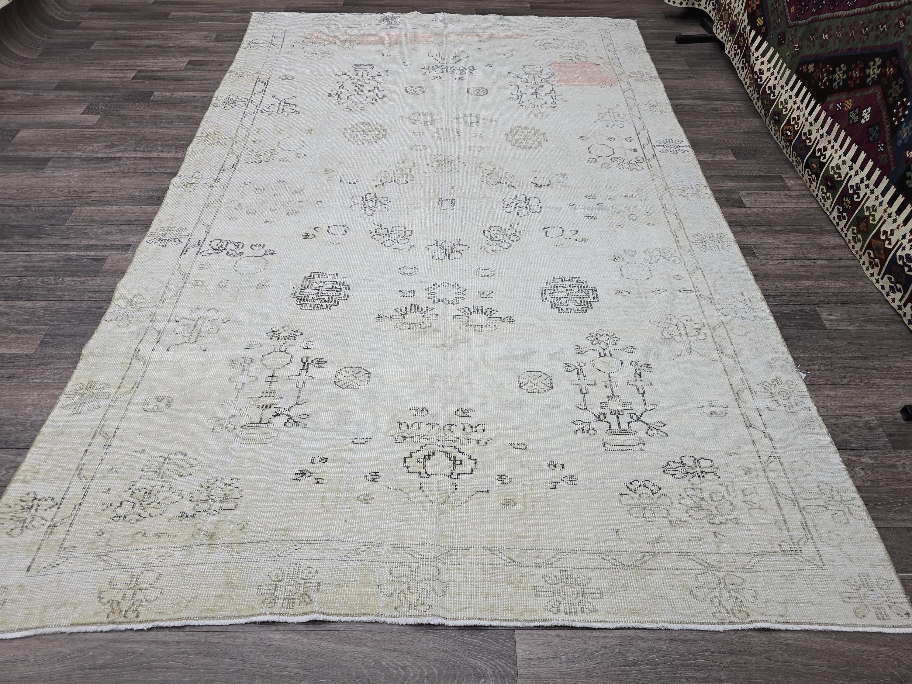 Vintage Oushak Rug 6x10 Feet Neutral Cream Beige Distressed Turkish Rug Living Room