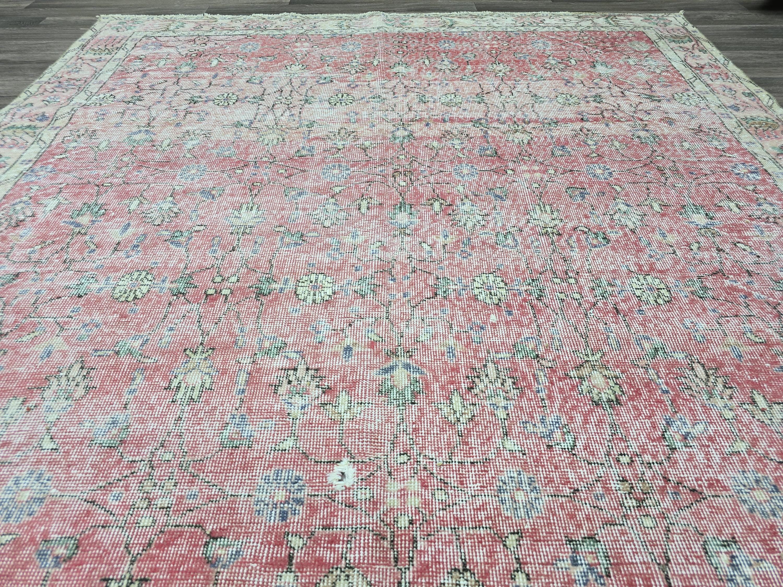 7x10 Vintage Turkish Rug  Cream Pink Oushak Rug Hand knotted Wool Area Rug Floral Living Room Carpet Pastel Oriental Rug