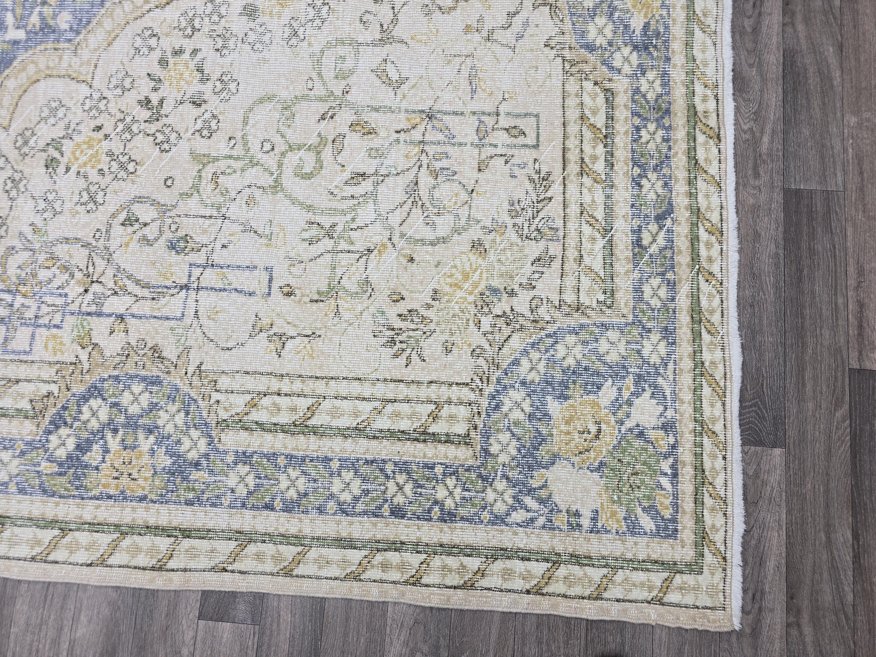 7x10 Vintage Rug 7x10 Blue Cream Oushak Medallion Wool Handknotted Turkish Oushak Area Carpet Muted Living Room Decor Free Shipping