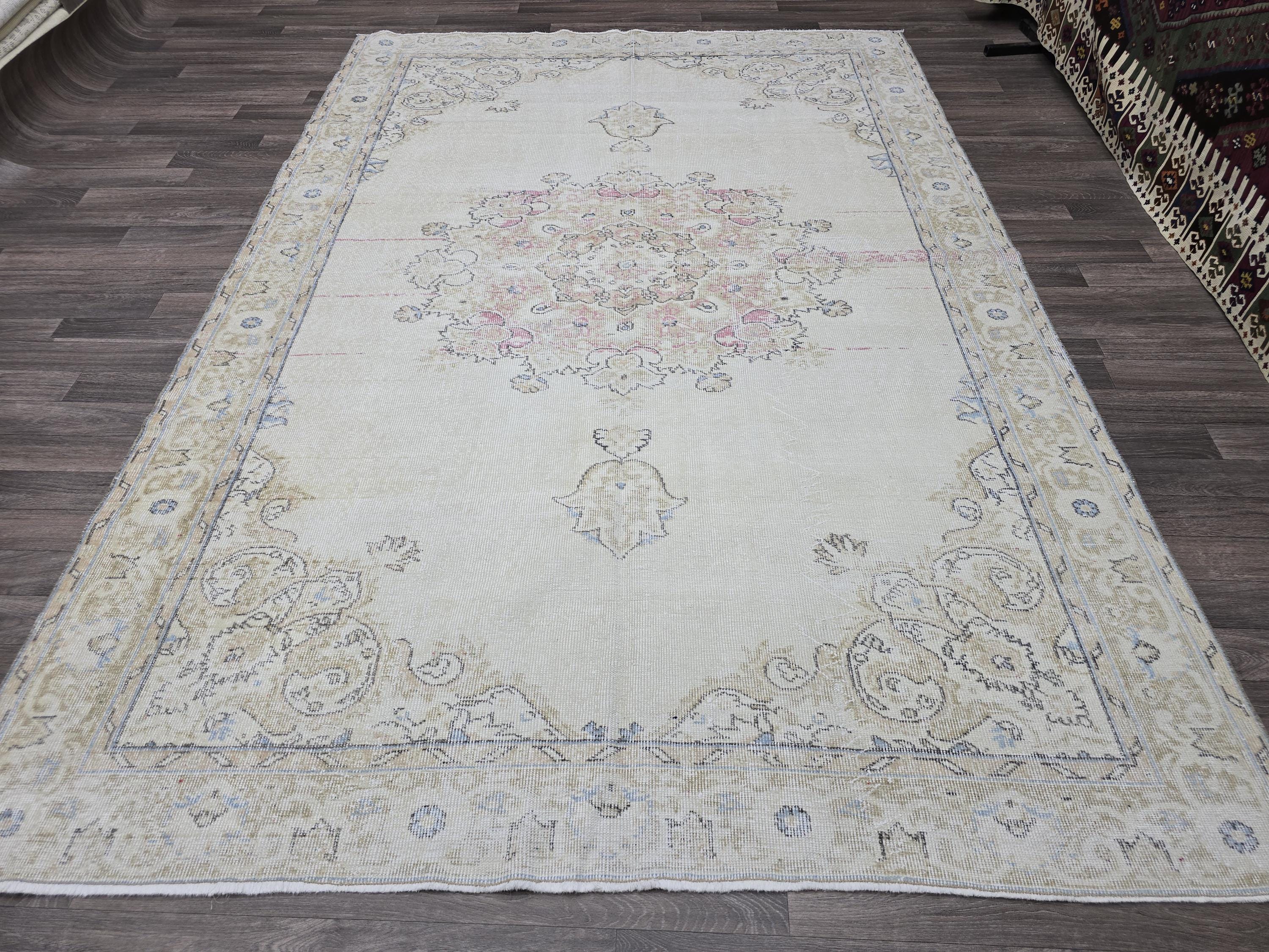 Turkish Rug 7x10 Vintage Cream Wool Area Rug Muted Pink Oushak Living Room Carpet