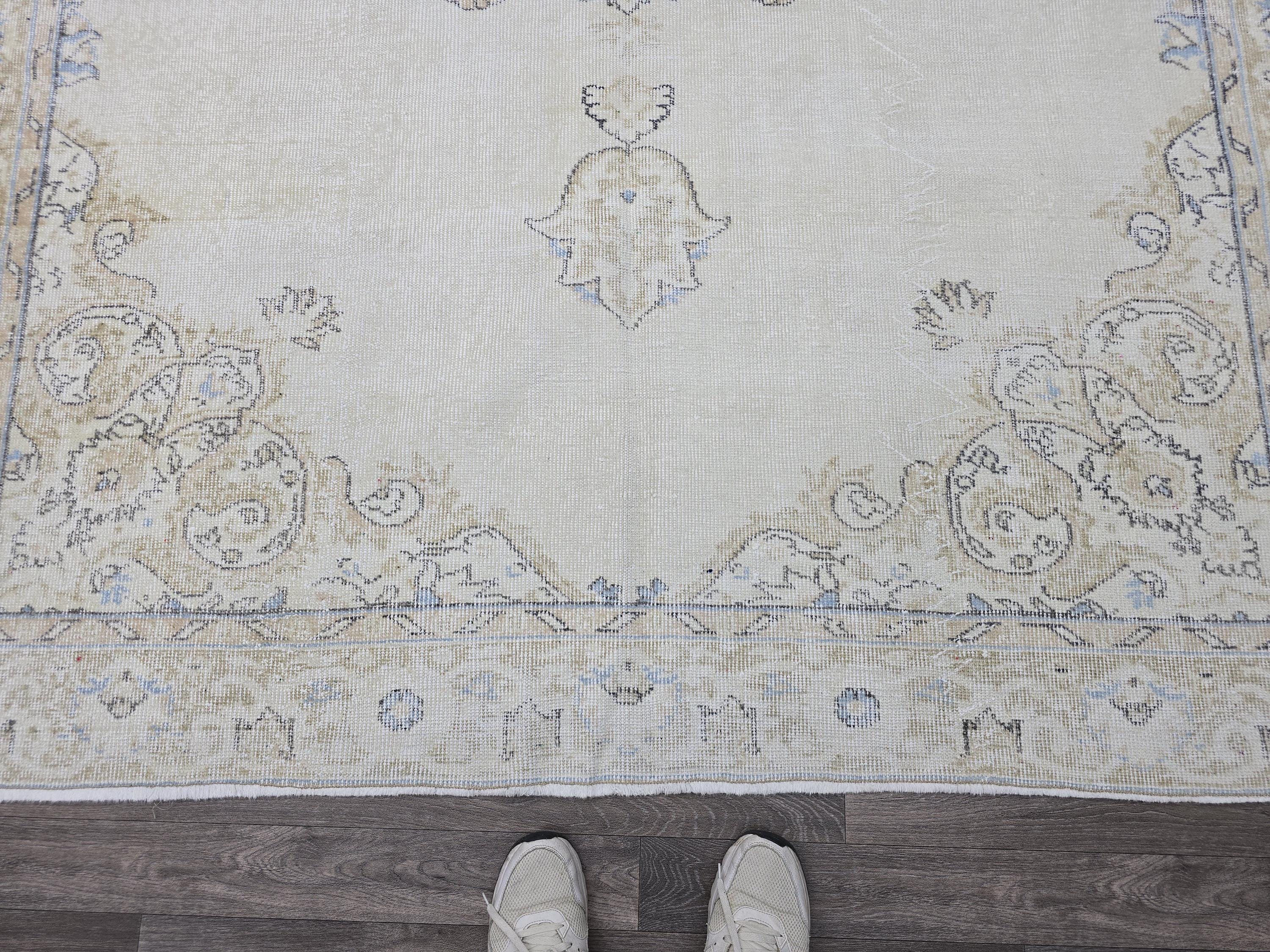 Turkish Rug 7x10 Vintage Cream Wool Area Rug Muted Pink Oushak Living Room Carpet