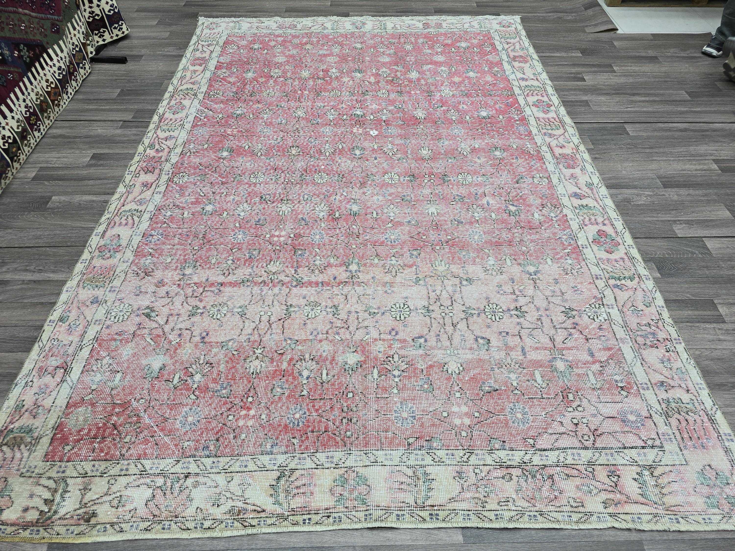 7x10 Vintage Turkish Rug  Cream Pink Oushak Rug Hand knotted Wool Area Rug Floral Living Room Carpet Pastel Oriental Rug