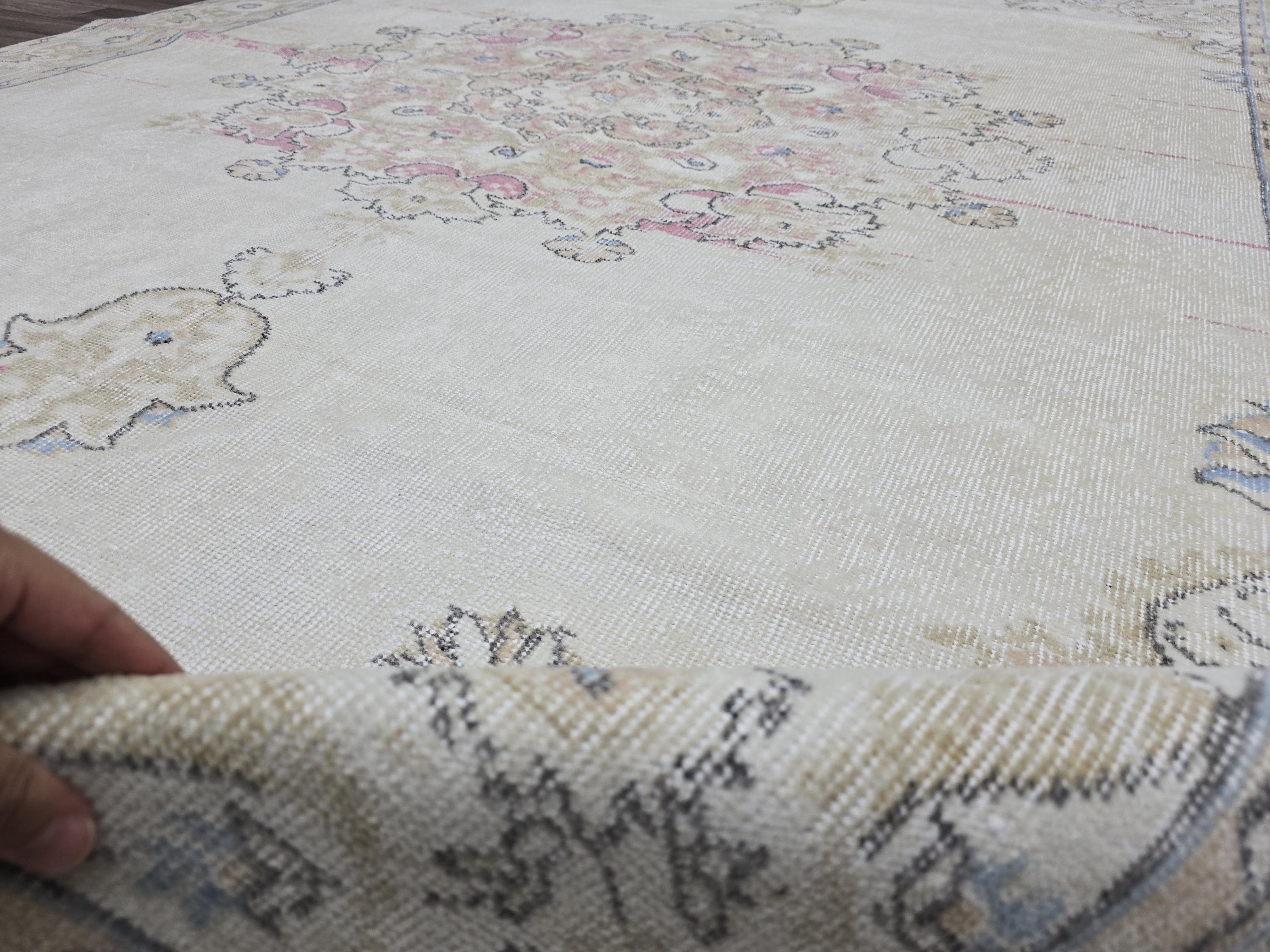 Turkish Rug 7x10 Vintage Cream Wool Area Rug Muted Pink Oushak Living Room Carpet