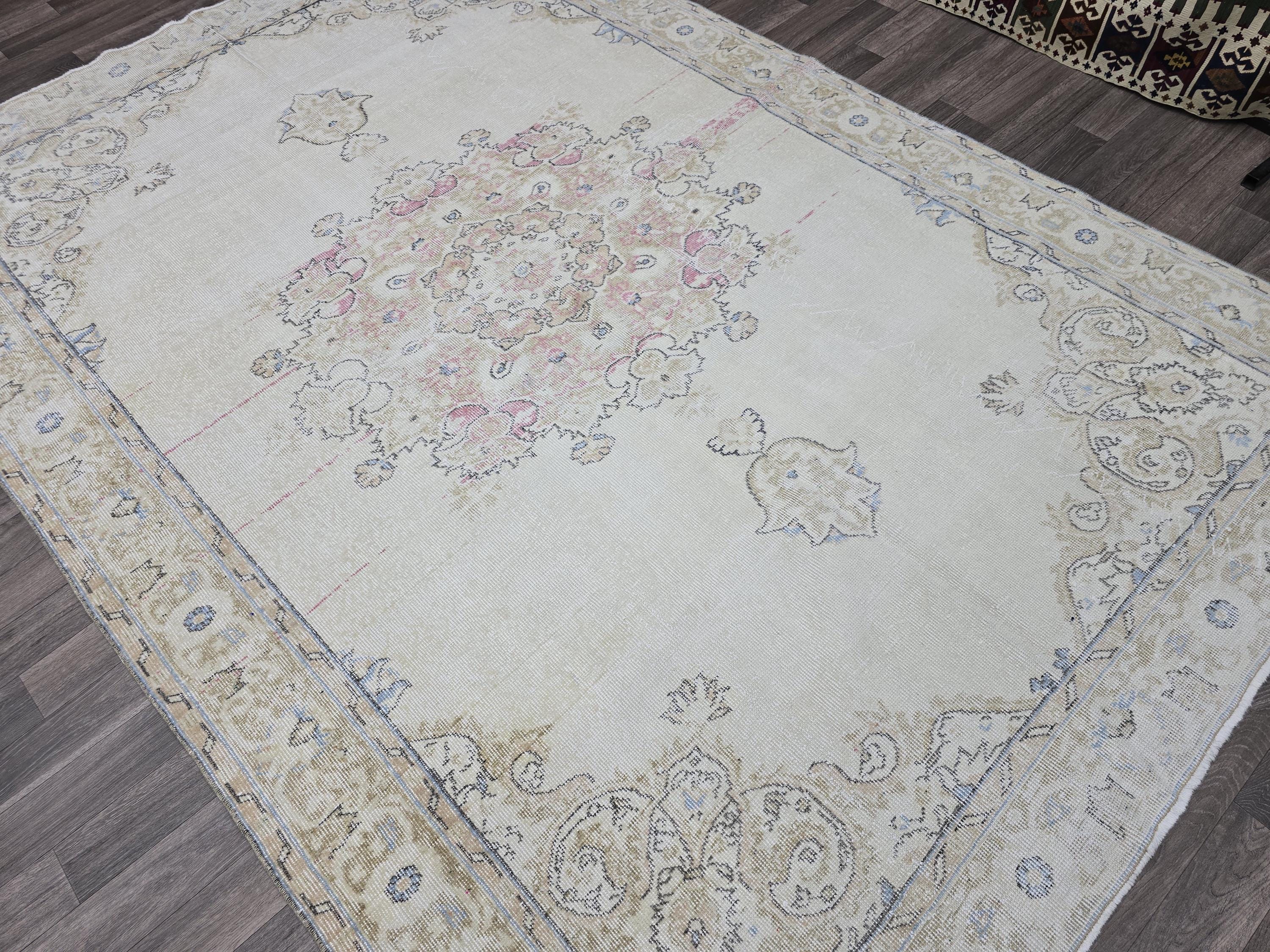 Turkish Rug 7x10 Vintage Cream Wool Area Rug Muted Pink Oushak Living Room Carpet