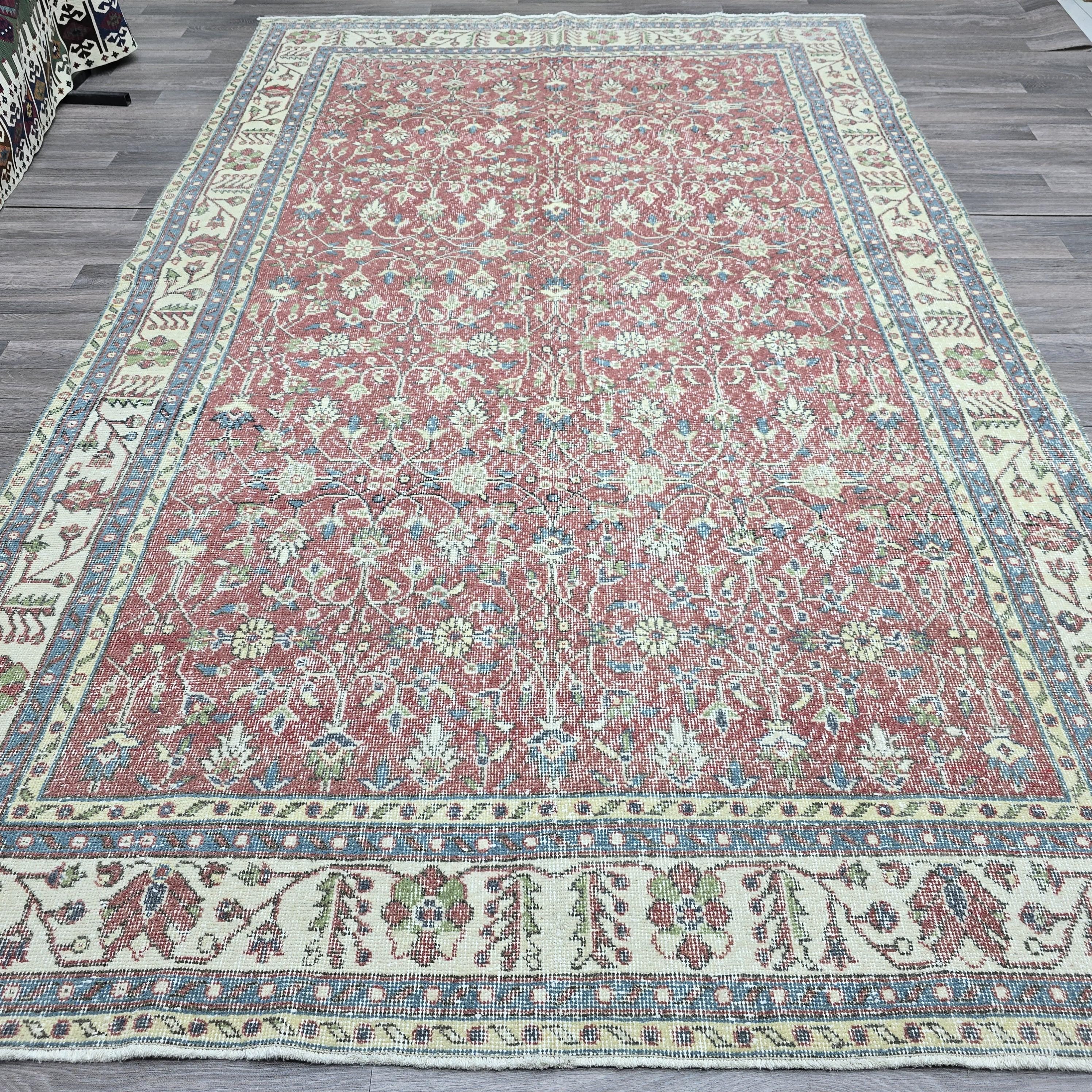 7x10 Vintage Turkish Oushak Rug: Hand-Knotted Wool Floral Carpet