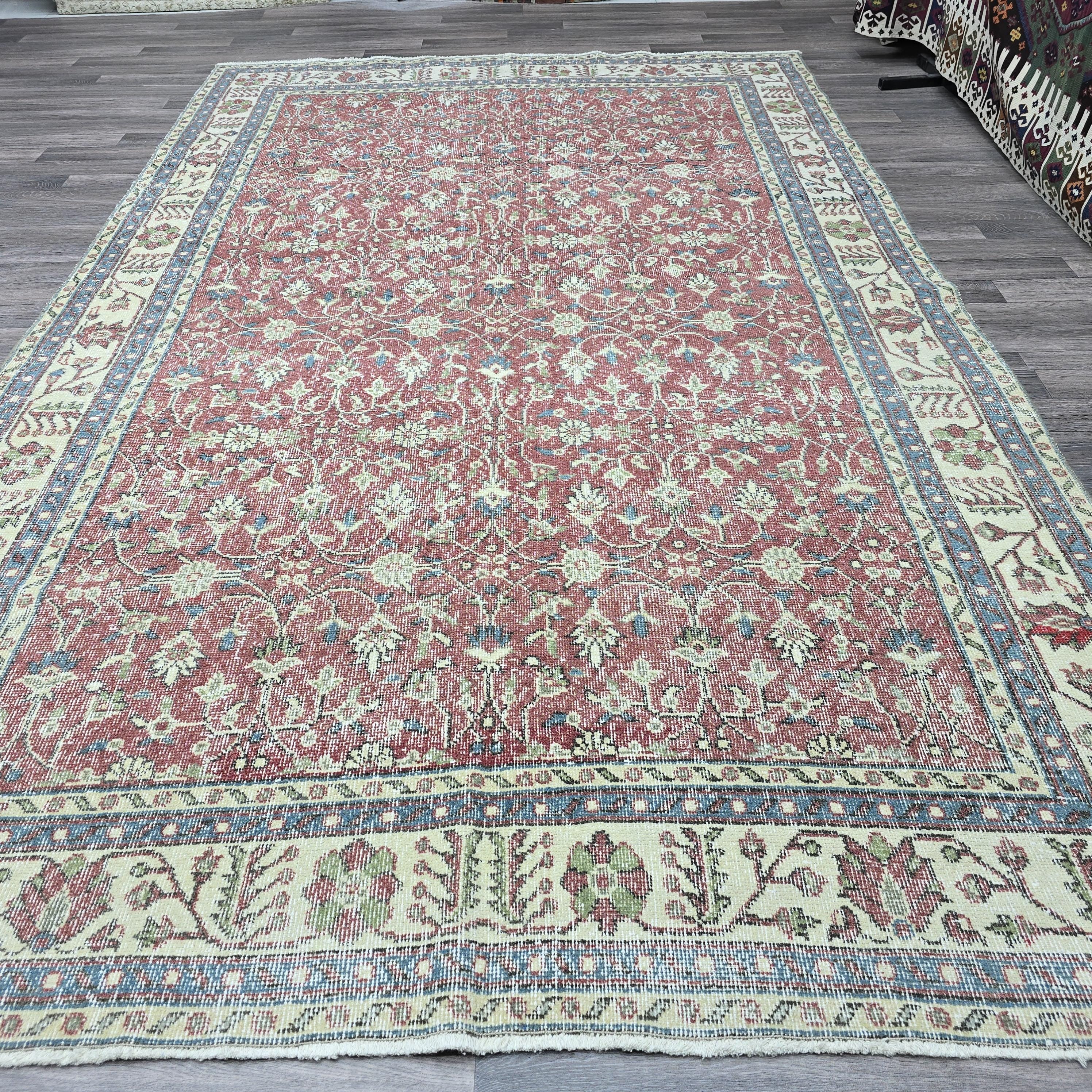 7x10 Vintage Turkish Oushak Rug: Hand-Knotted Wool Floral Carpet