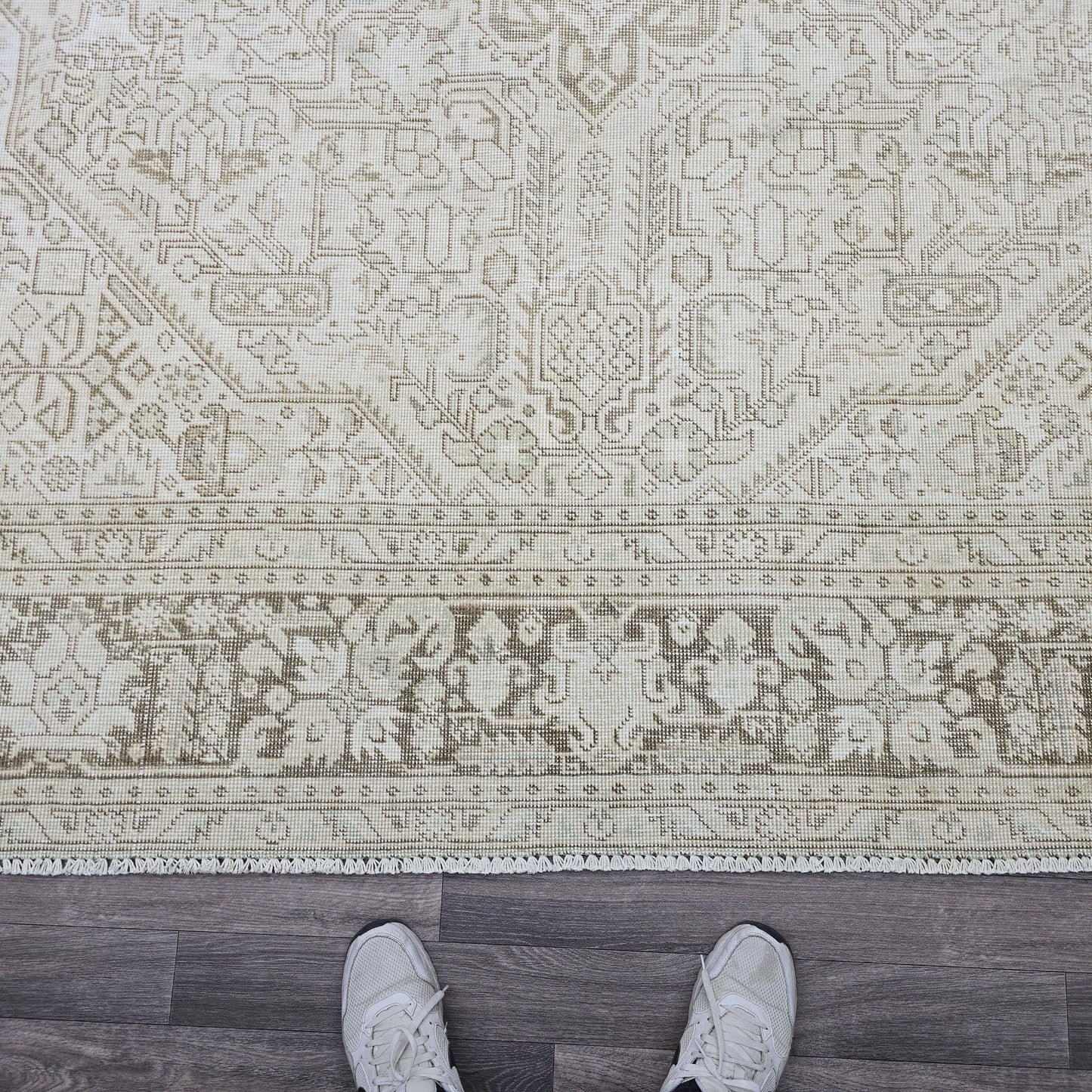 9x12 Hand Knotted Oushak Rug: Neutral Distressed Turkish Wool Carpet