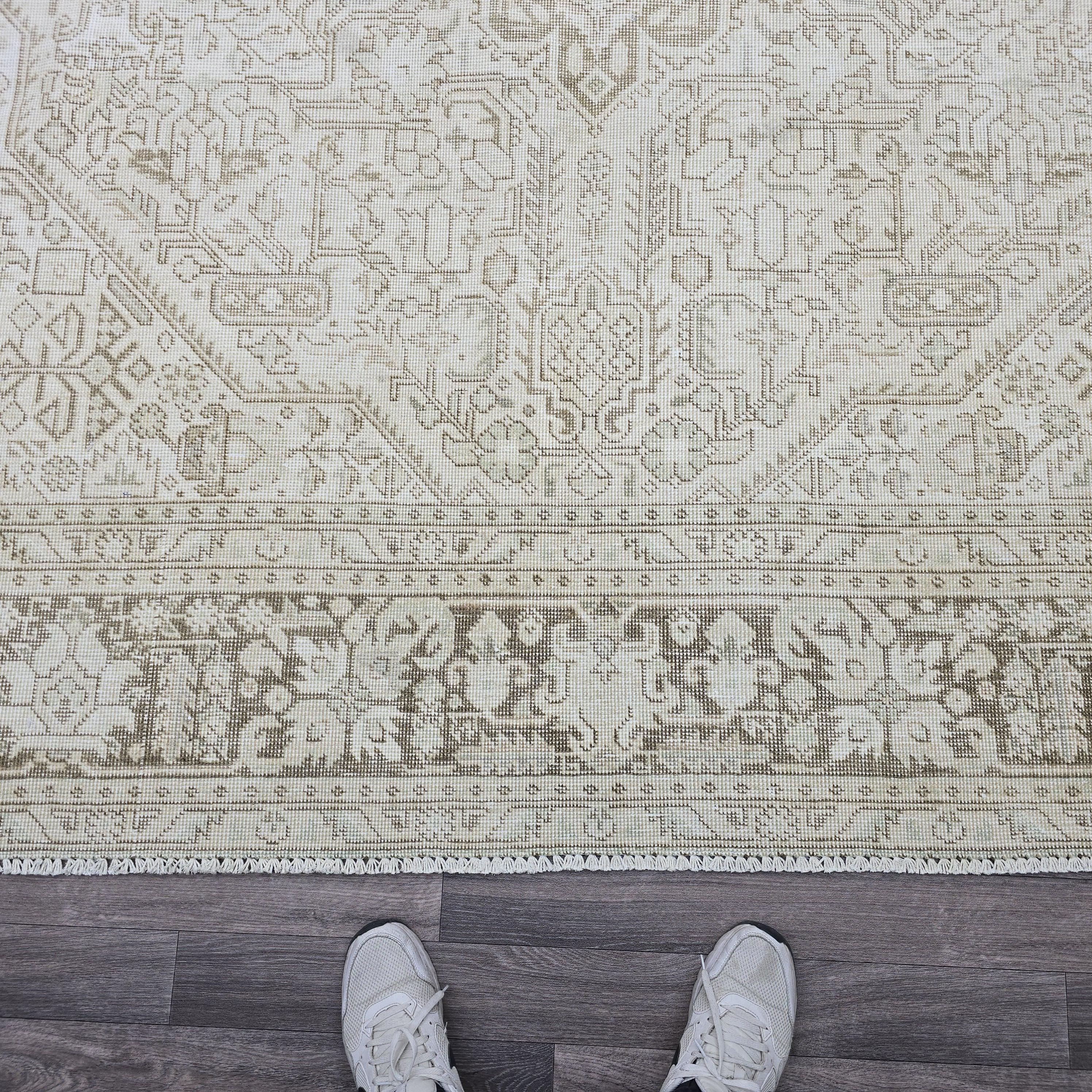 9x12 Hand Knotted Oushak Rug: Neutral Distressed Turkish Wool Carpet