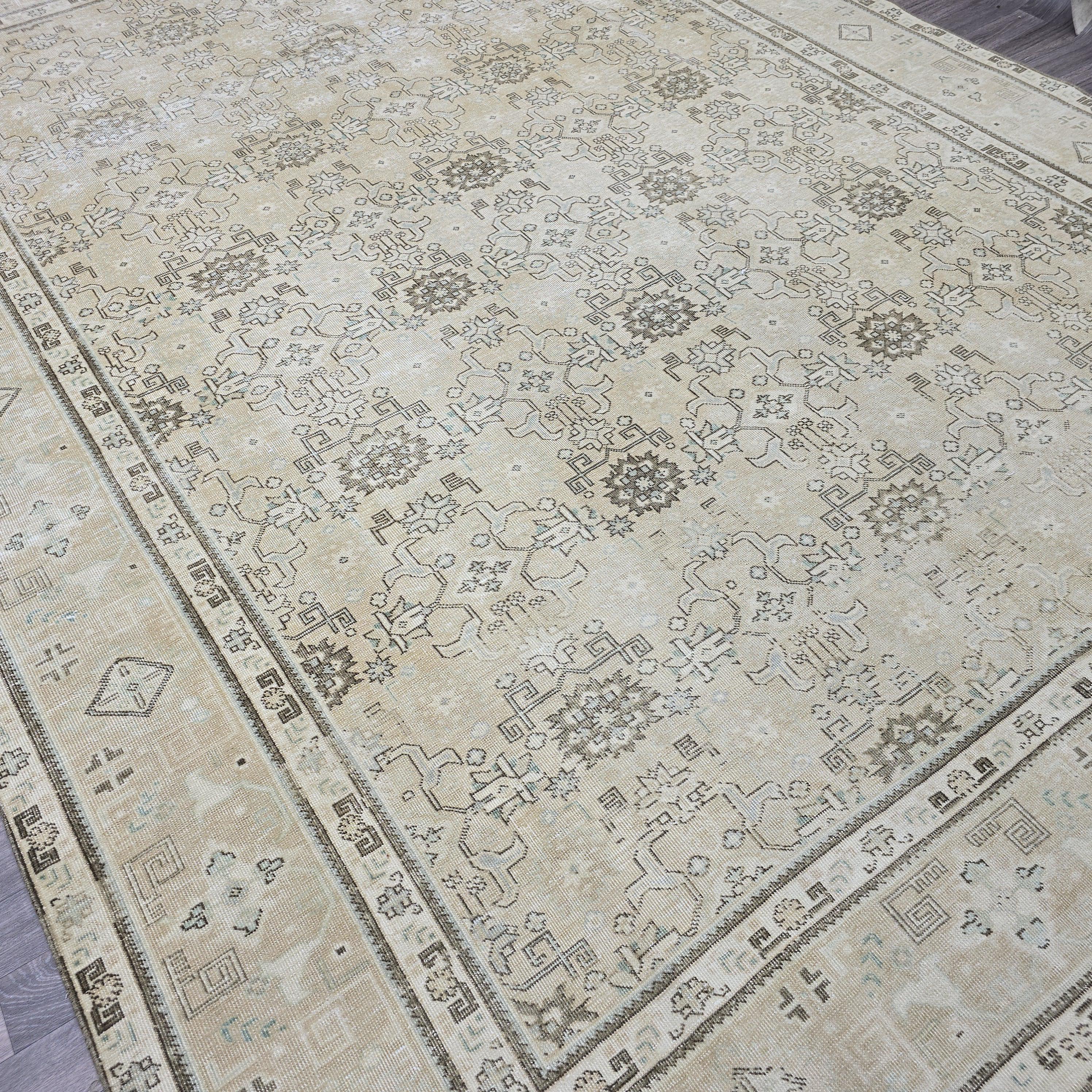 9x13 Oversize Vintage Rug/ Hand Knotted Large Turkish Rug/ Neutral Floral Area Rug/ Distressed Oushak Rug/ Oriental Carpet/ 9.25 x 13 feet