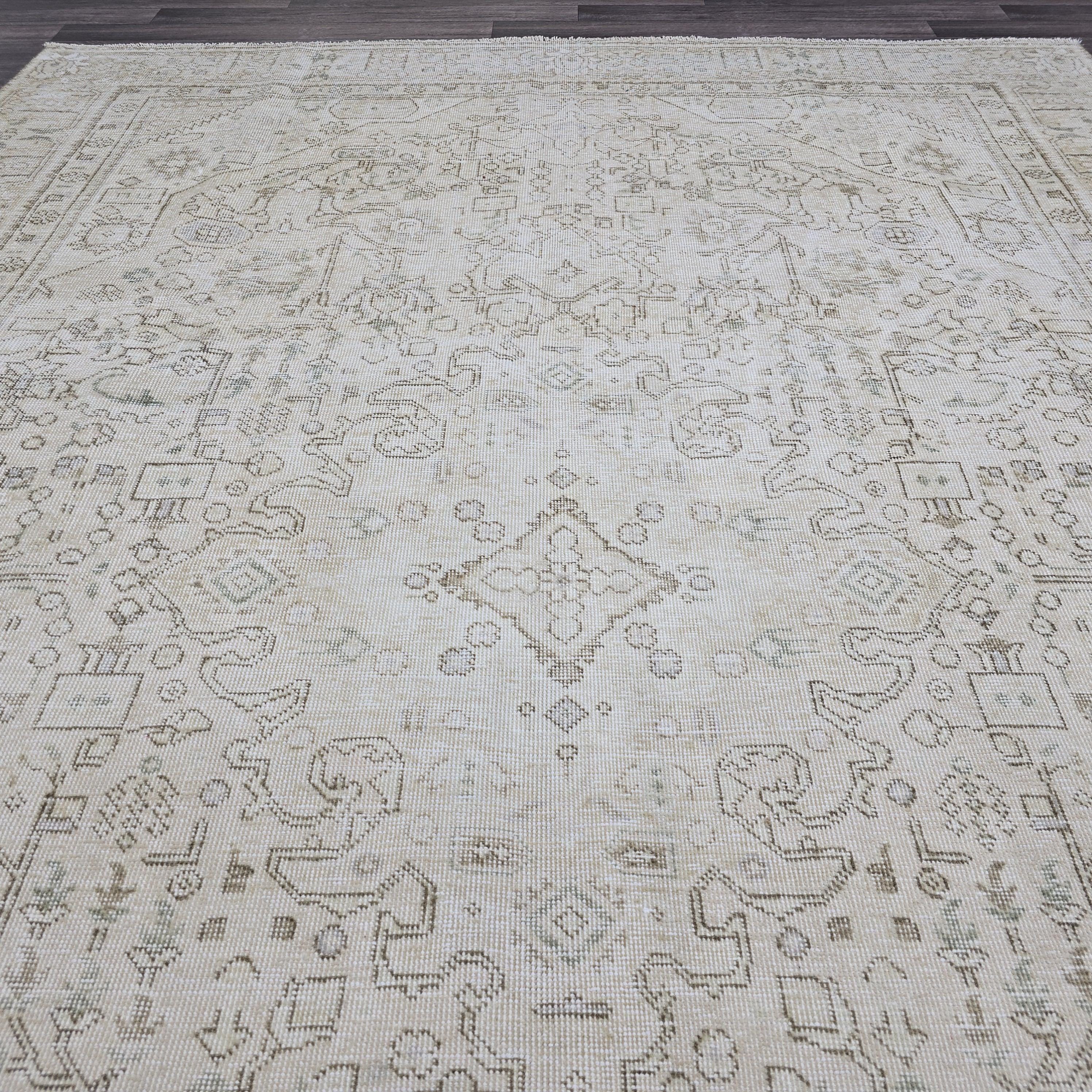 8x10 Vintage Oushak Rug - Neutral Cream Beige Turkish Rug / Muted Oushak Rug 8x10 / Aesthetic Bedroom Rug/ Ivory Taupe Brown Geometric Rug