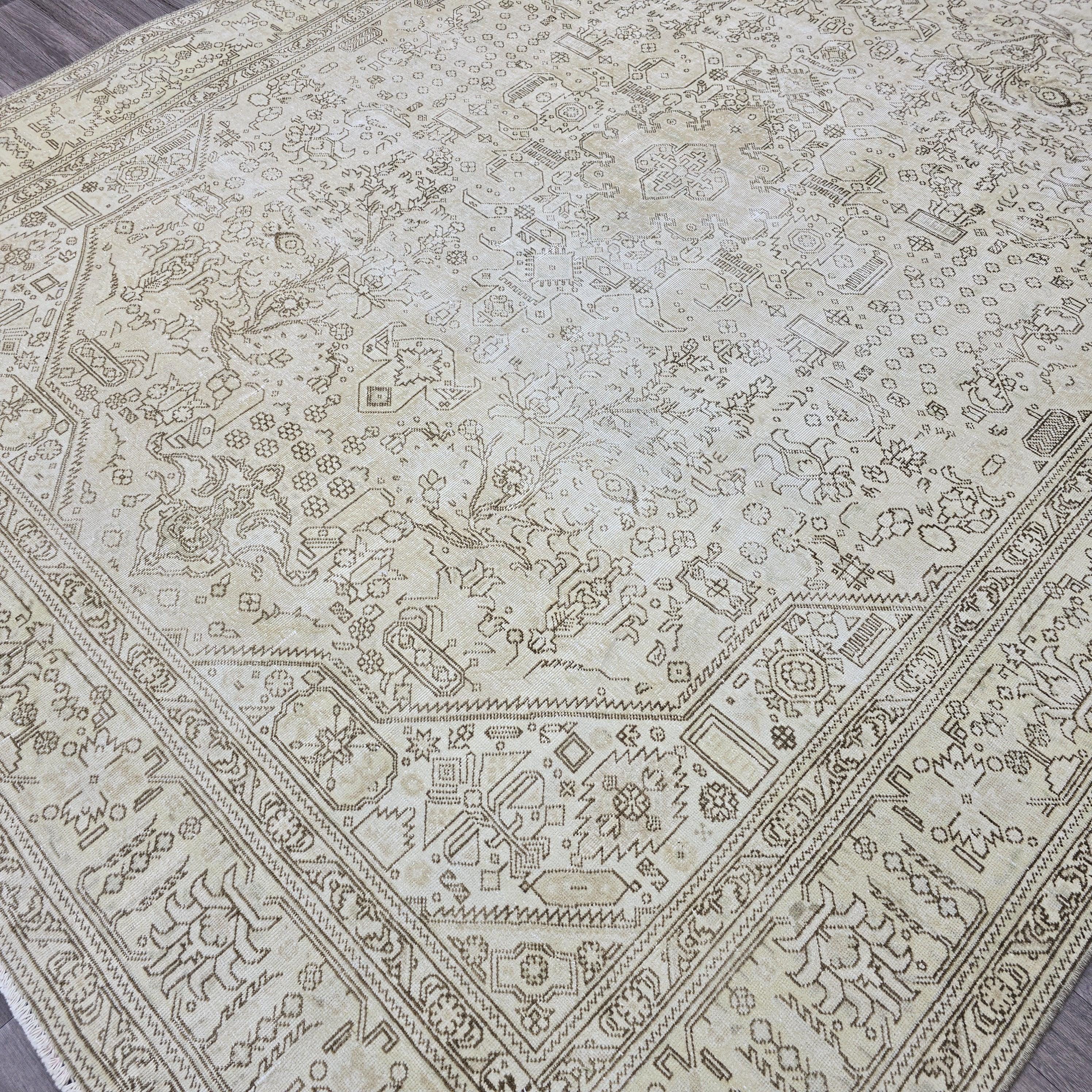 Vintage Oushak Turkish Rug: 8x11 Beige Cream Wool Area Rug