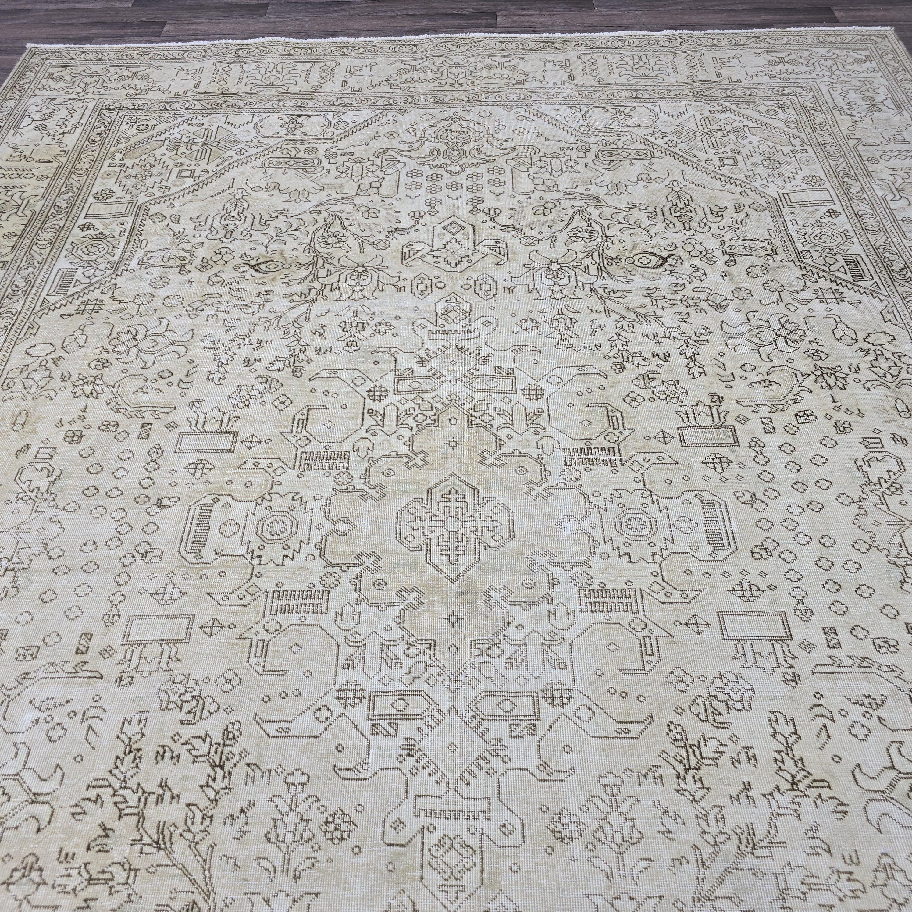 Vintage Oushak Turkish Rug: 8x11 Beige Cream Wool Area Rug