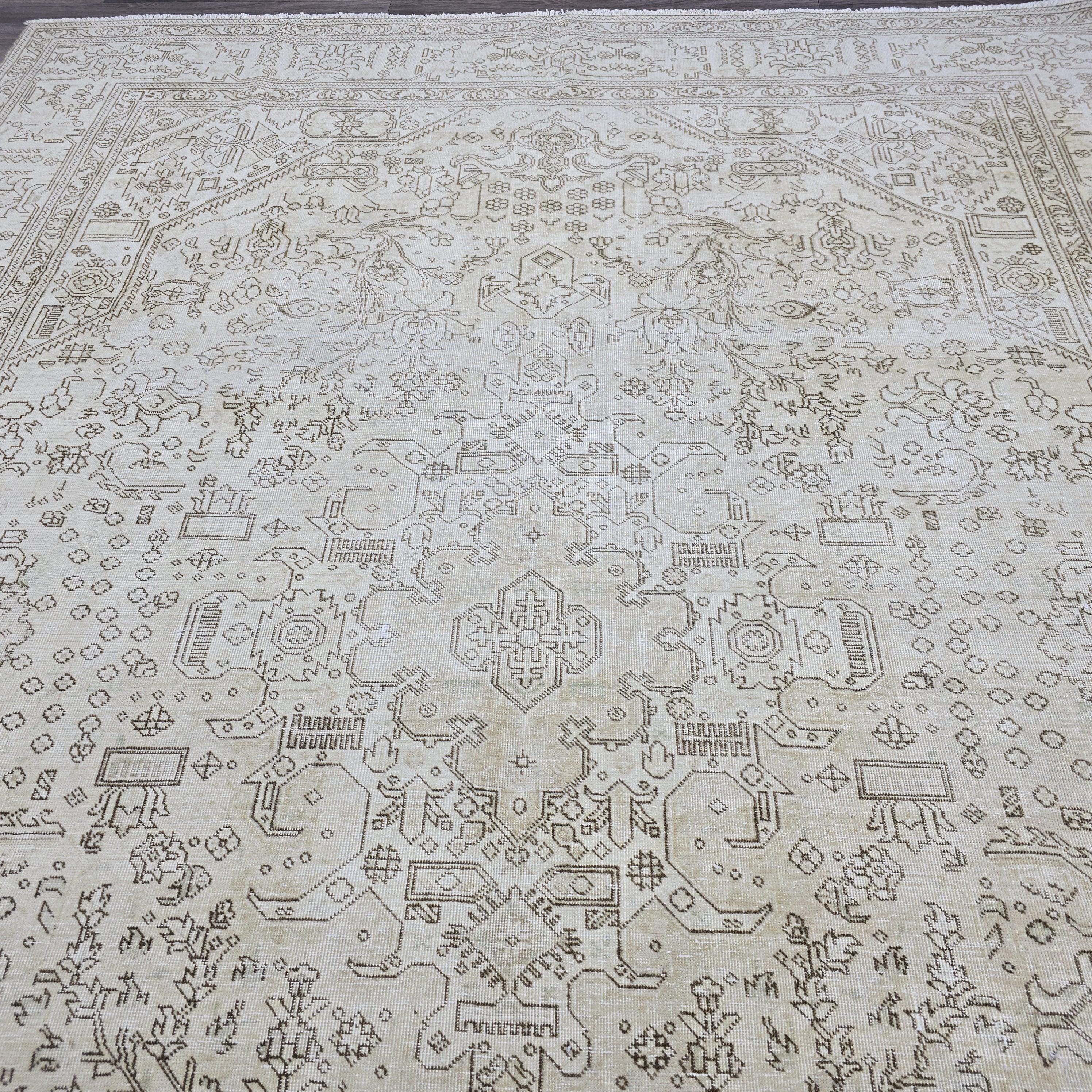 Vintage Oushak Turkish Rug: 8x11 Beige Cream Wool Area Rug