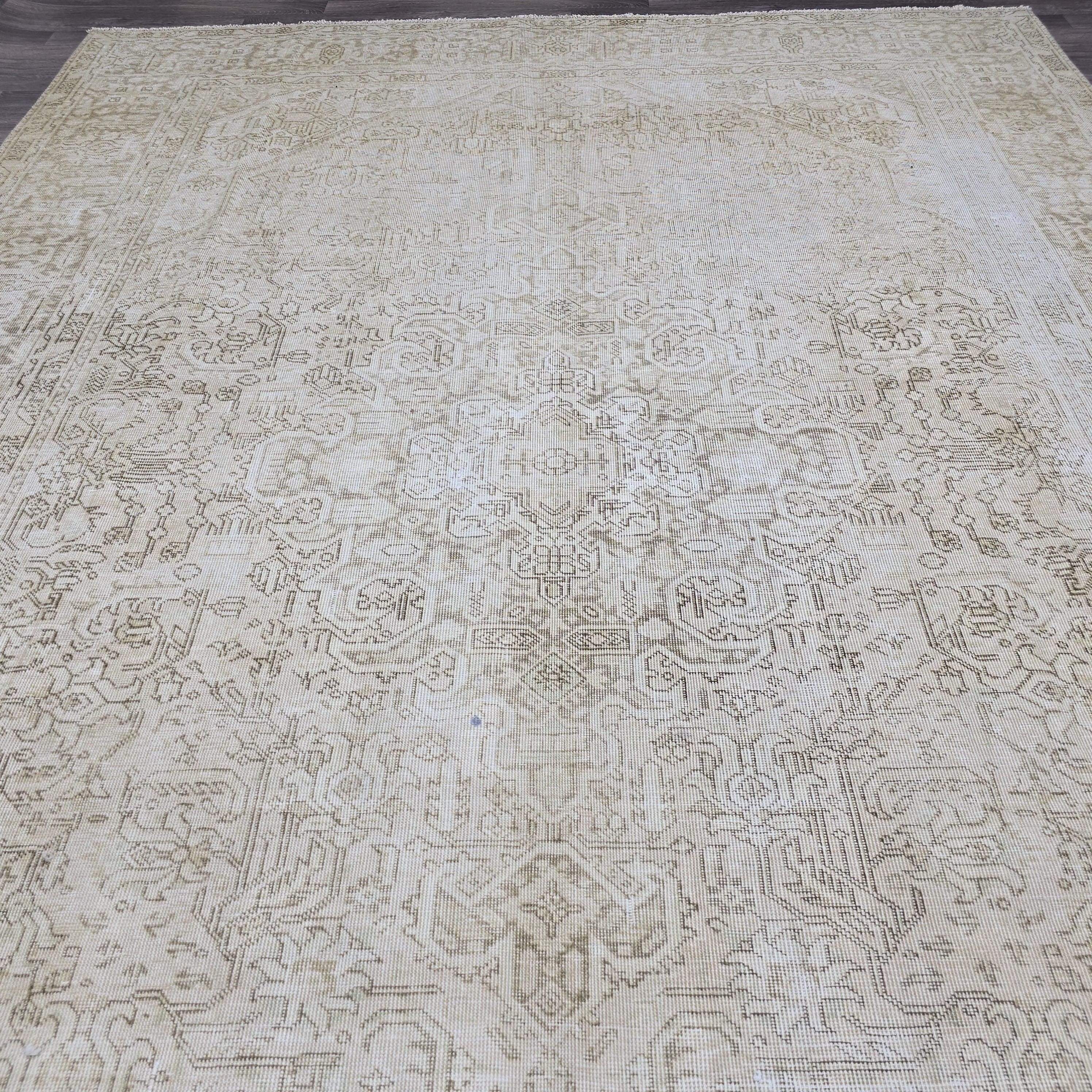 9x12 Hand-Knotted Wool Oushak Rug: Neutral Cream Beige Turkish Area Rug
