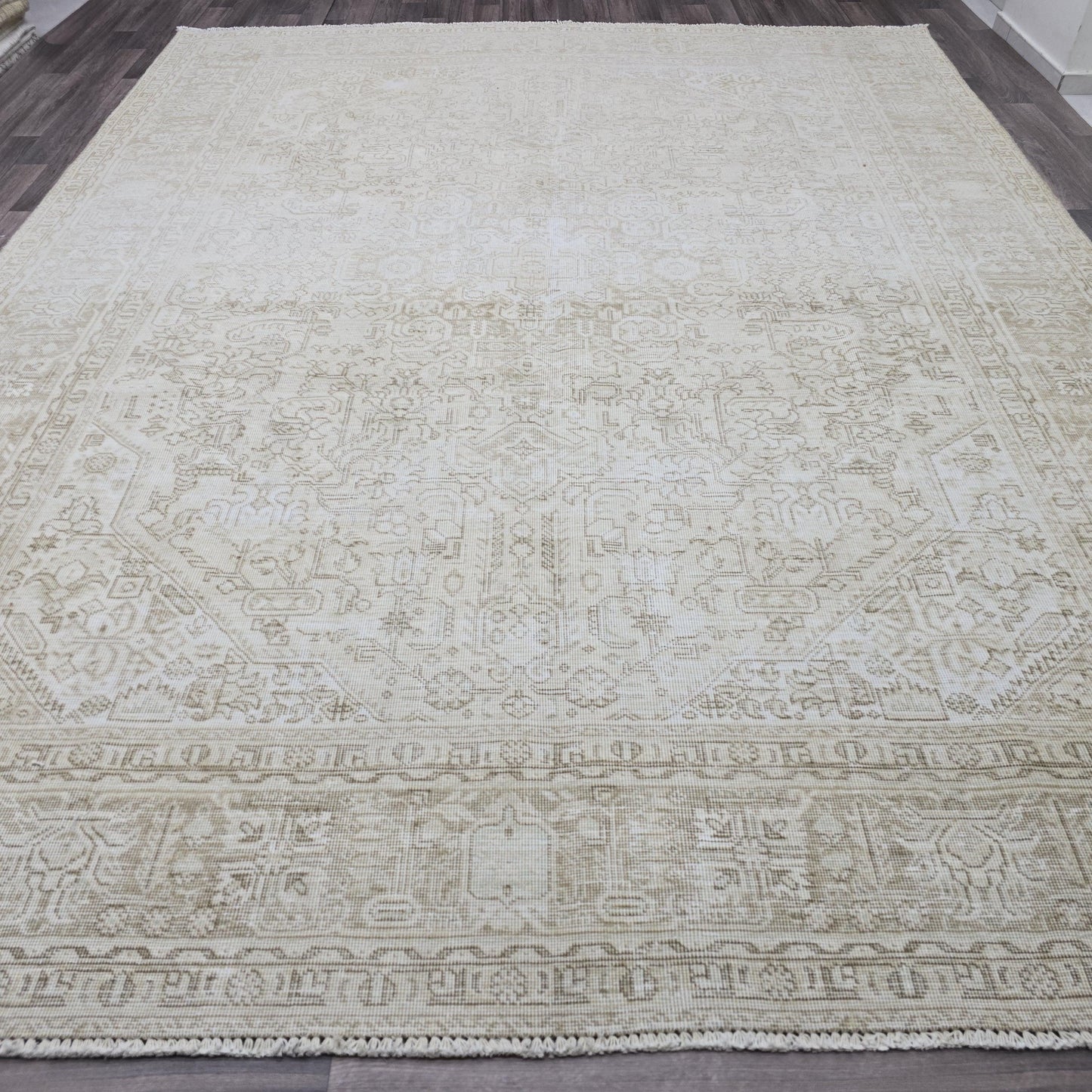 Oversized Neutral Turkish Rug 9x12: Vintage Cream Beige Wool Area Rug