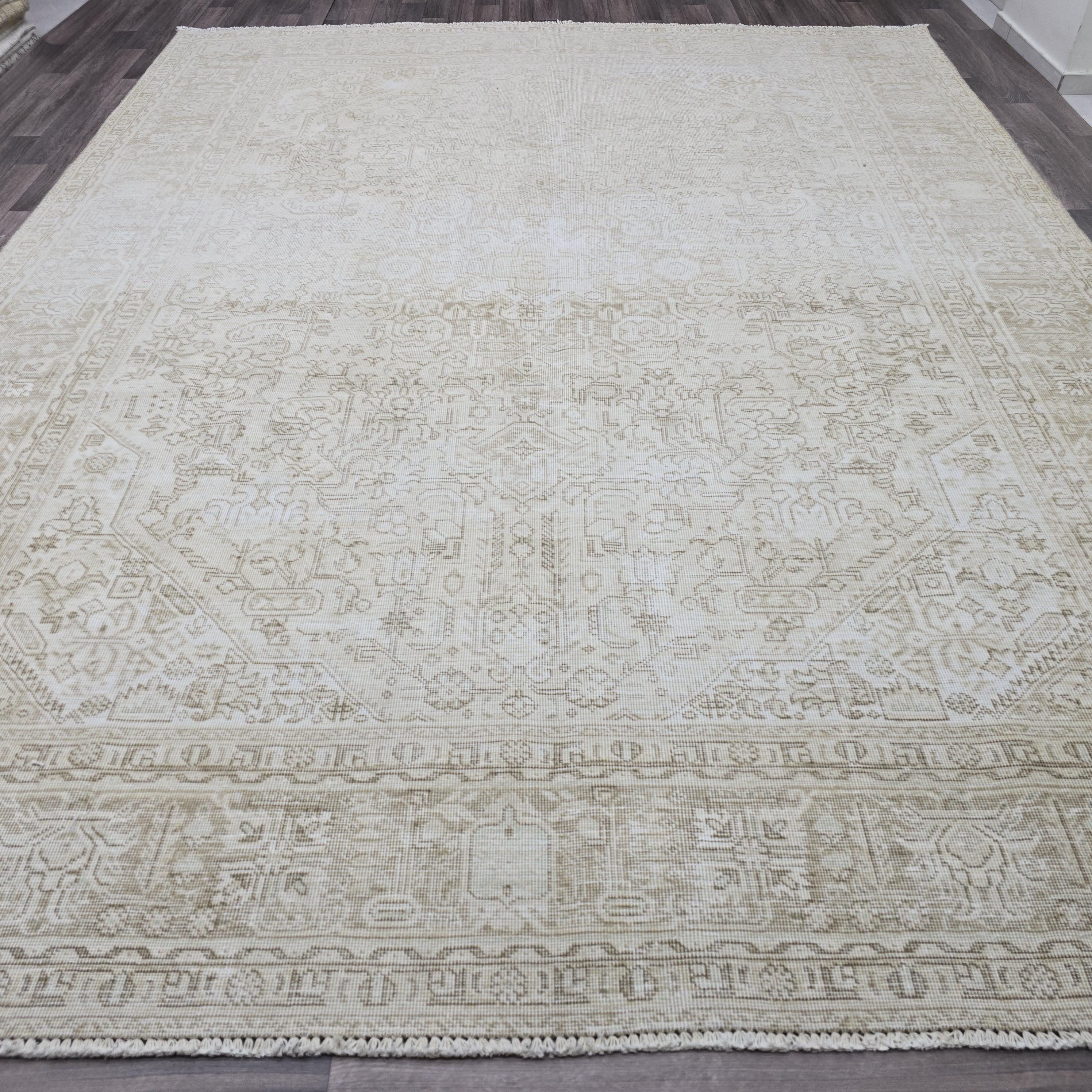 Oversized Neutral Turkish Rug 9x12: Vintage Cream Beige Wool Area Rug