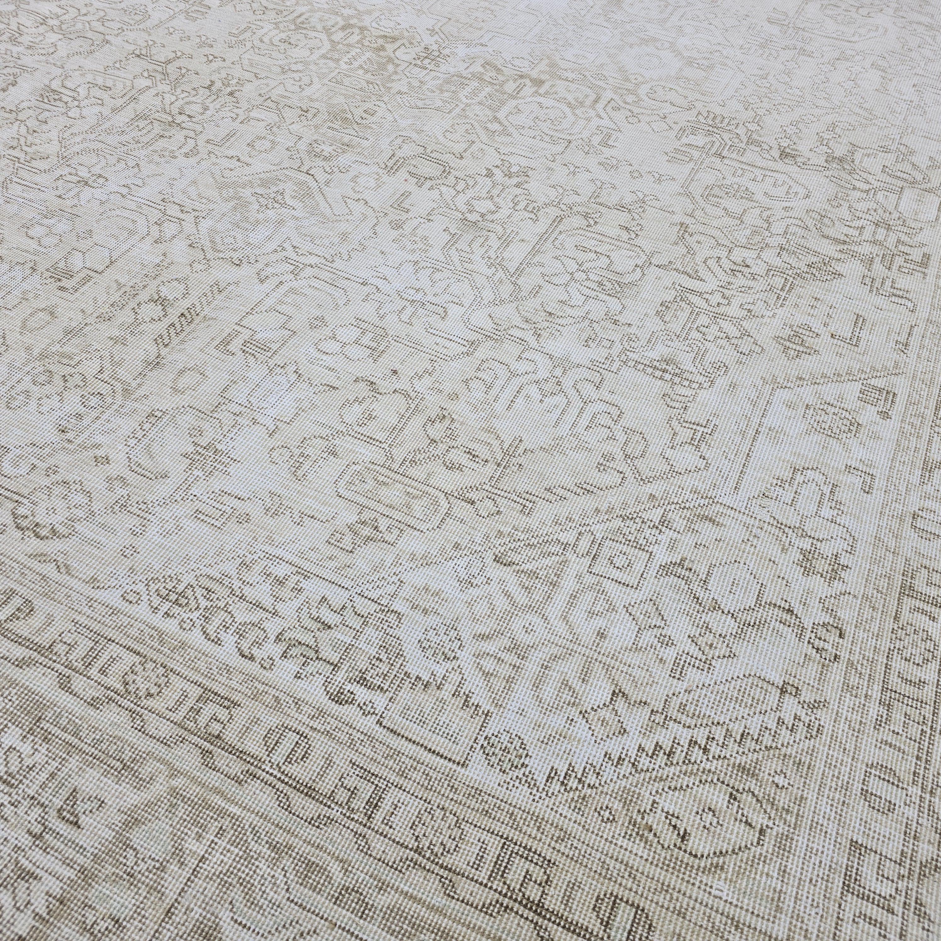 Oversized Neutral Turkish Rug 9x12: Vintage Cream Beige Wool Area Rug