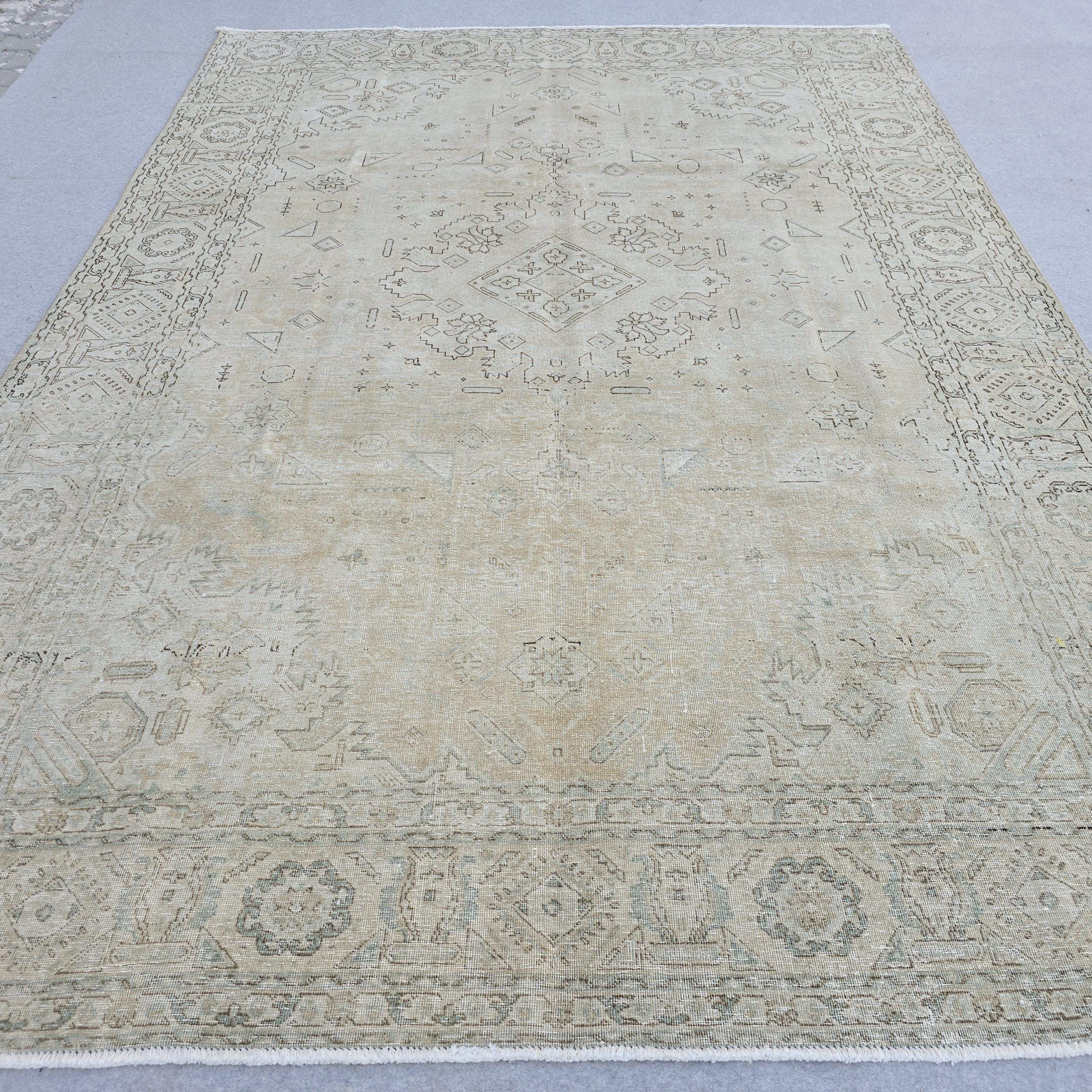 8x11 ft Hand-Knotted Turkish Oushak Rug: Neutral Wool Saloon Carpet