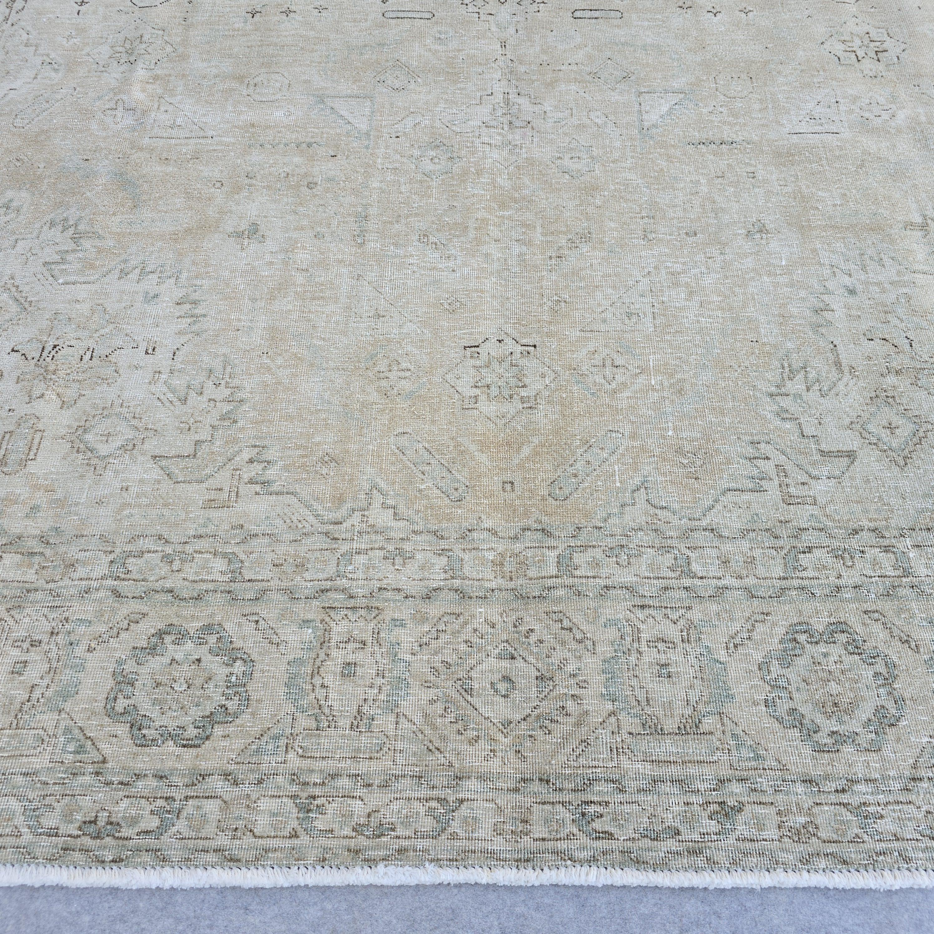8x11 ft Hand-Knotted Turkish Oushak Rug: Neutral Wool Saloon Carpet