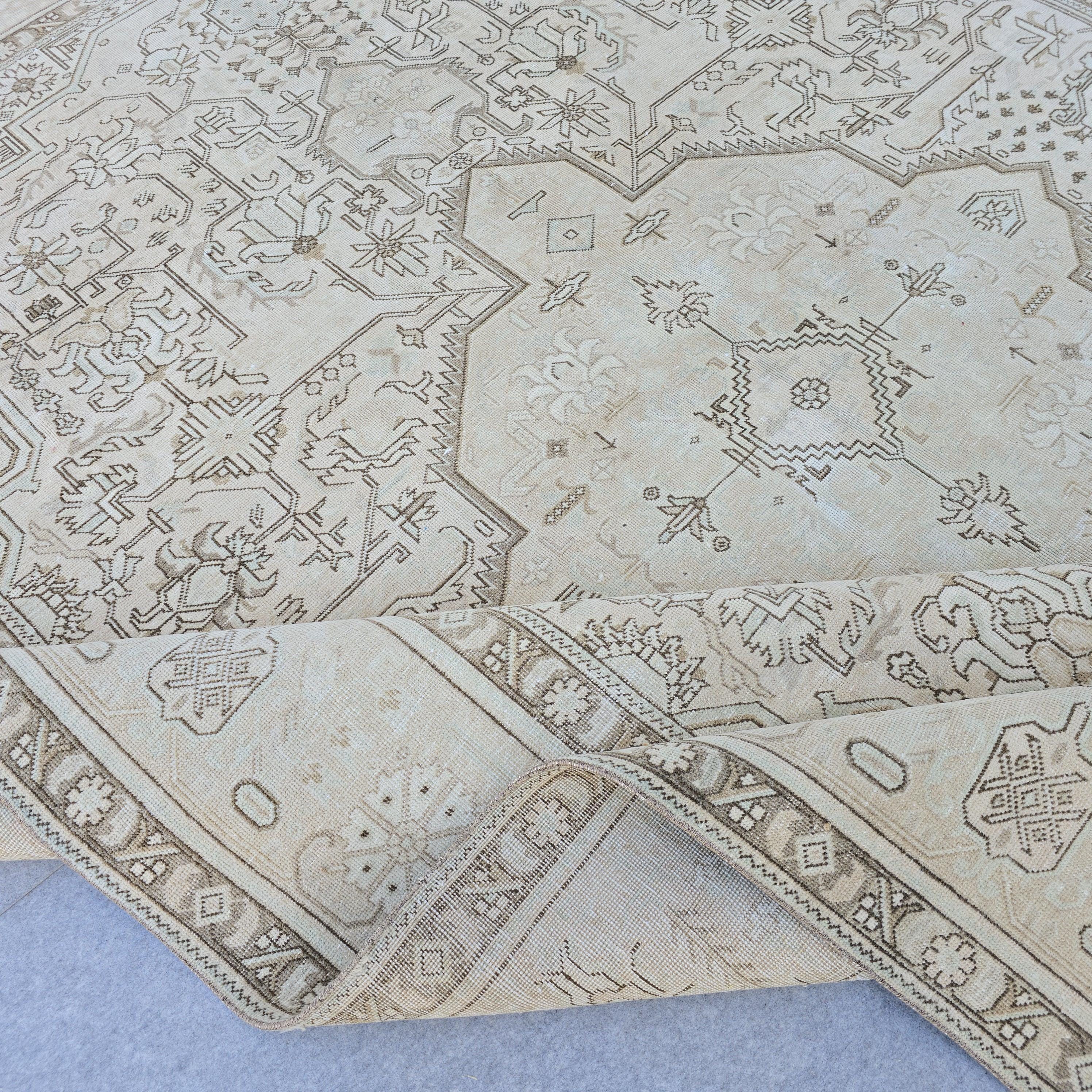 Oversized Oushak Rug: Hand-Knotted Wool, Beige Brown Geometric, 9.7x12.25 ft