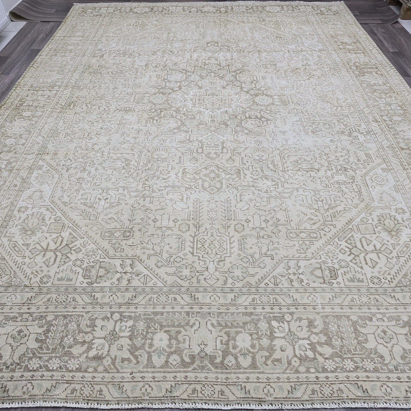 9x12 Hand Knotted Oushak Rug: Neutral Distressed Turkish Wool Carpet
