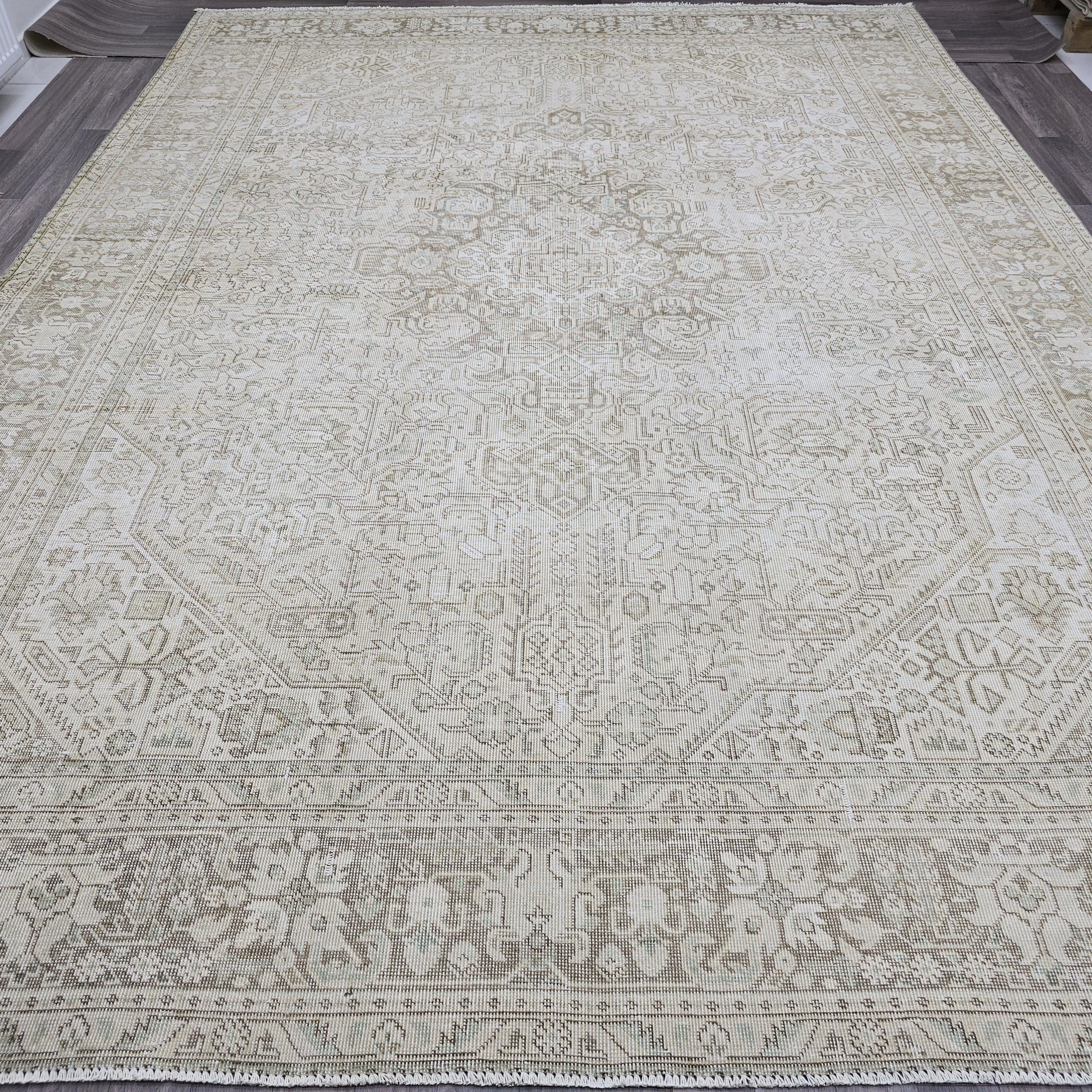 9x12 Hand Knotted Oushak Rug: Neutral Distressed Turkish Wool Carpet