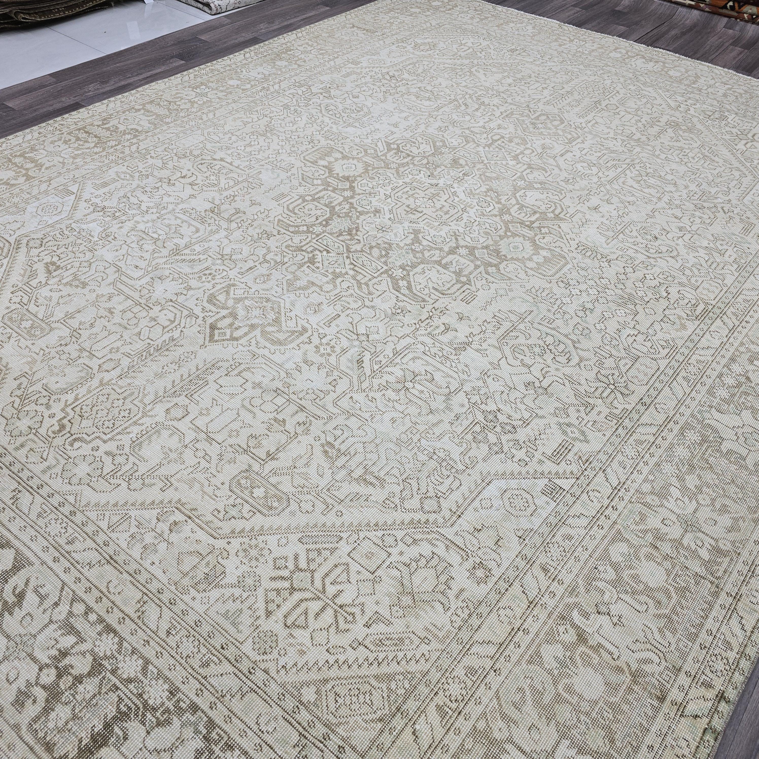 9x12 Hand Knotted Oushak Rug: Neutral Distressed Turkish Wool Carpet