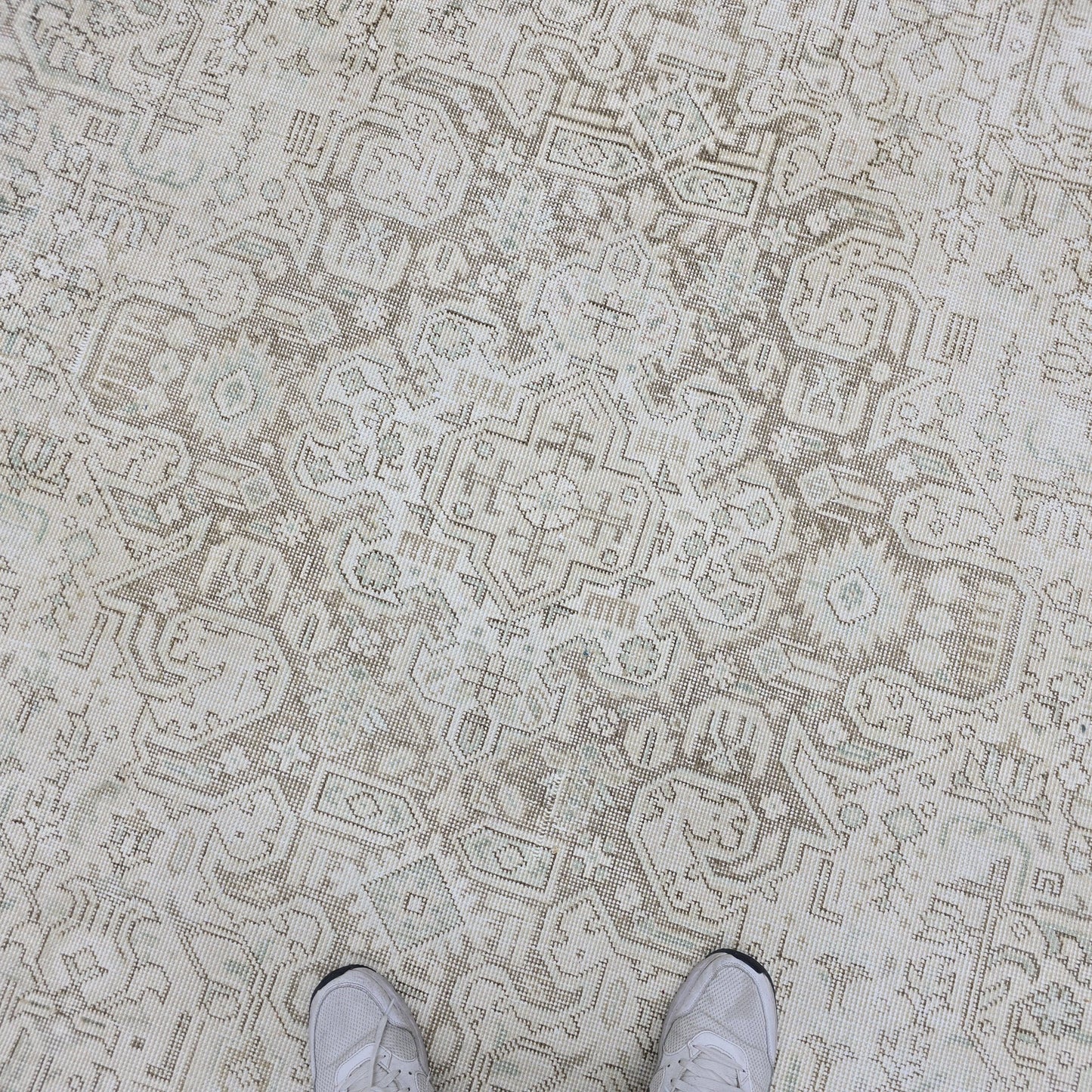 9x12 Hand Knotted Oushak Rug: Neutral Distressed Turkish Wool Carpet