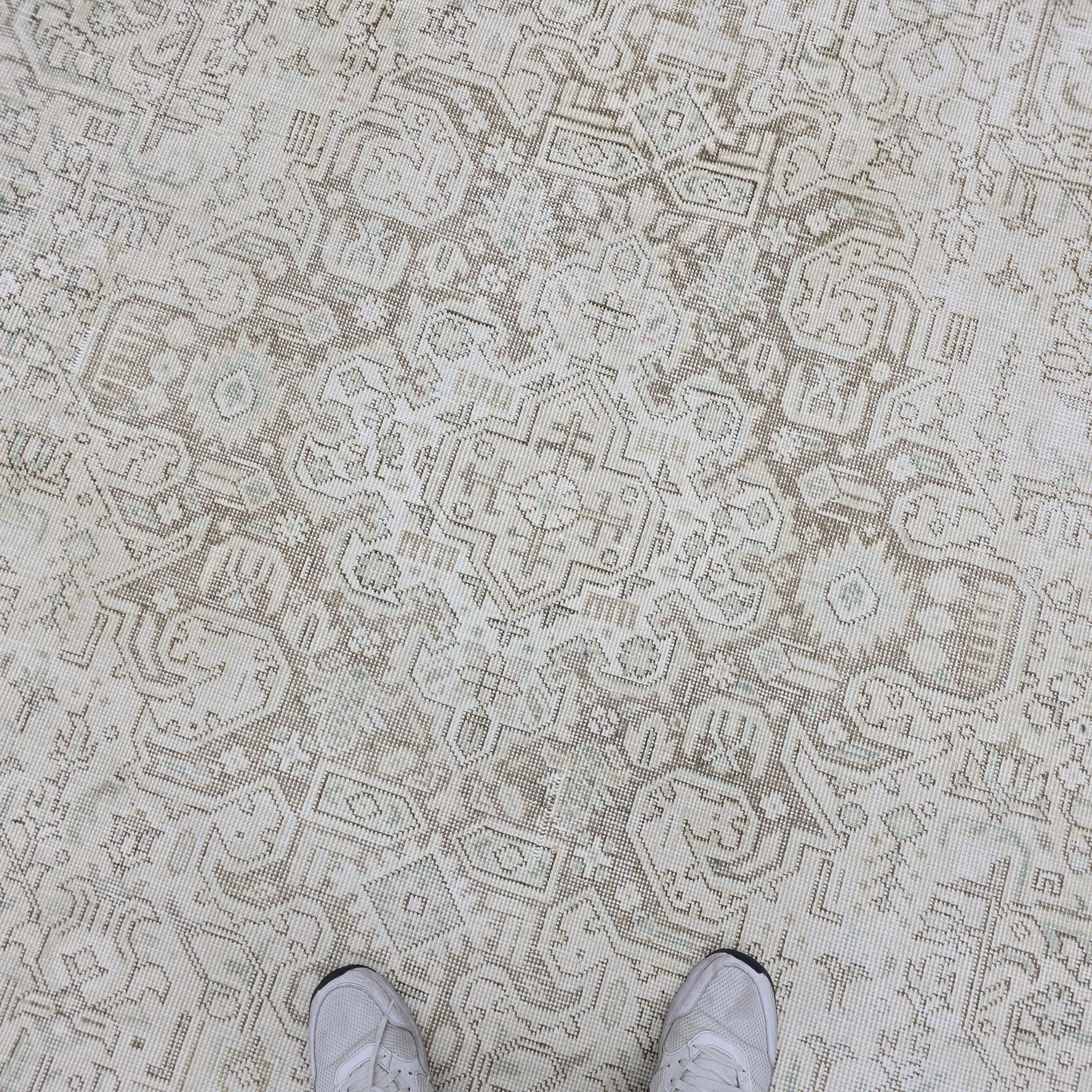 9x12 Hand Knotted Oushak Rug: Neutral Distressed Turkish Wool Carpet
