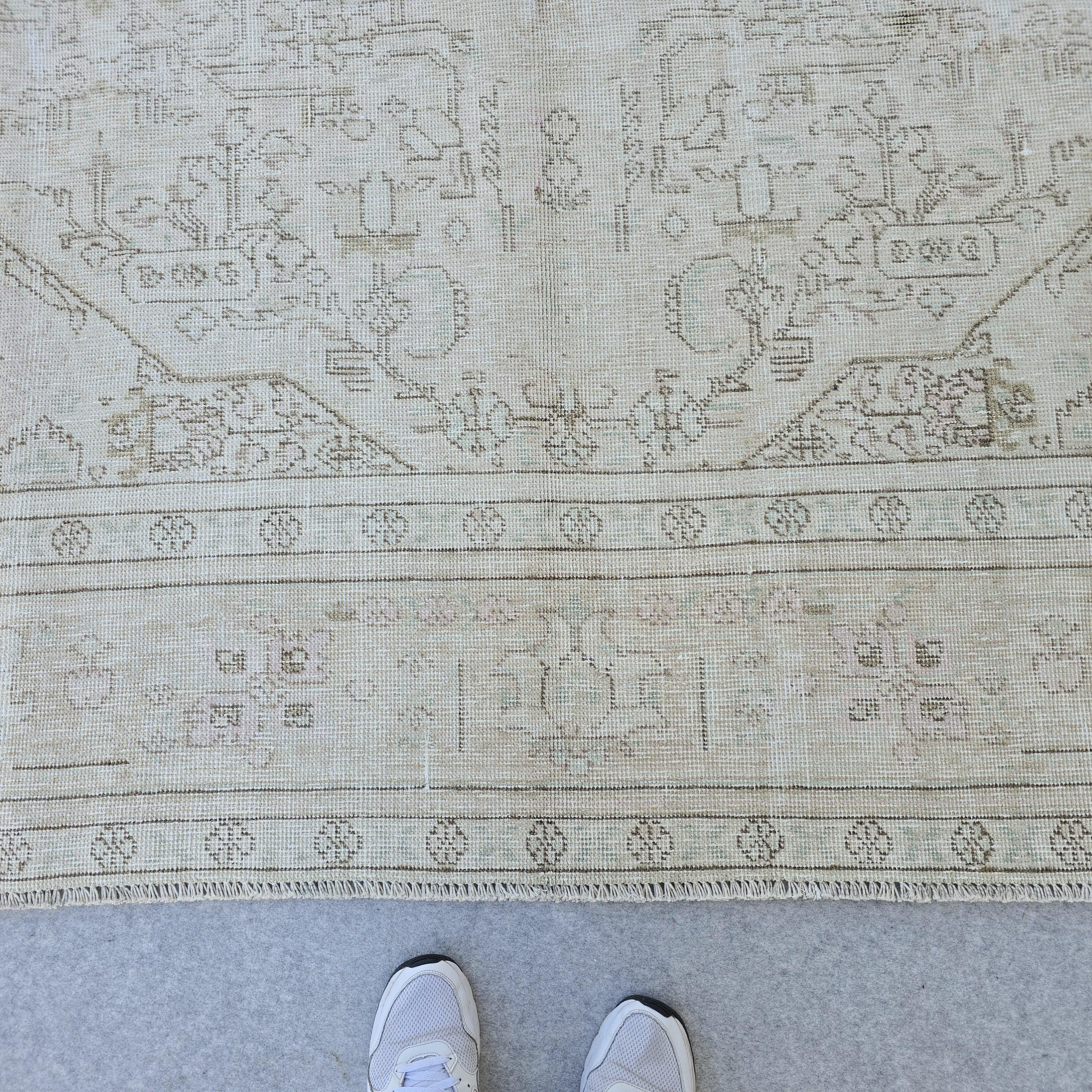 Oversized Turkish Oushak Rug: 9.7x12.15 ft, Faded Cream Beige Wool Anatolian Carpet
