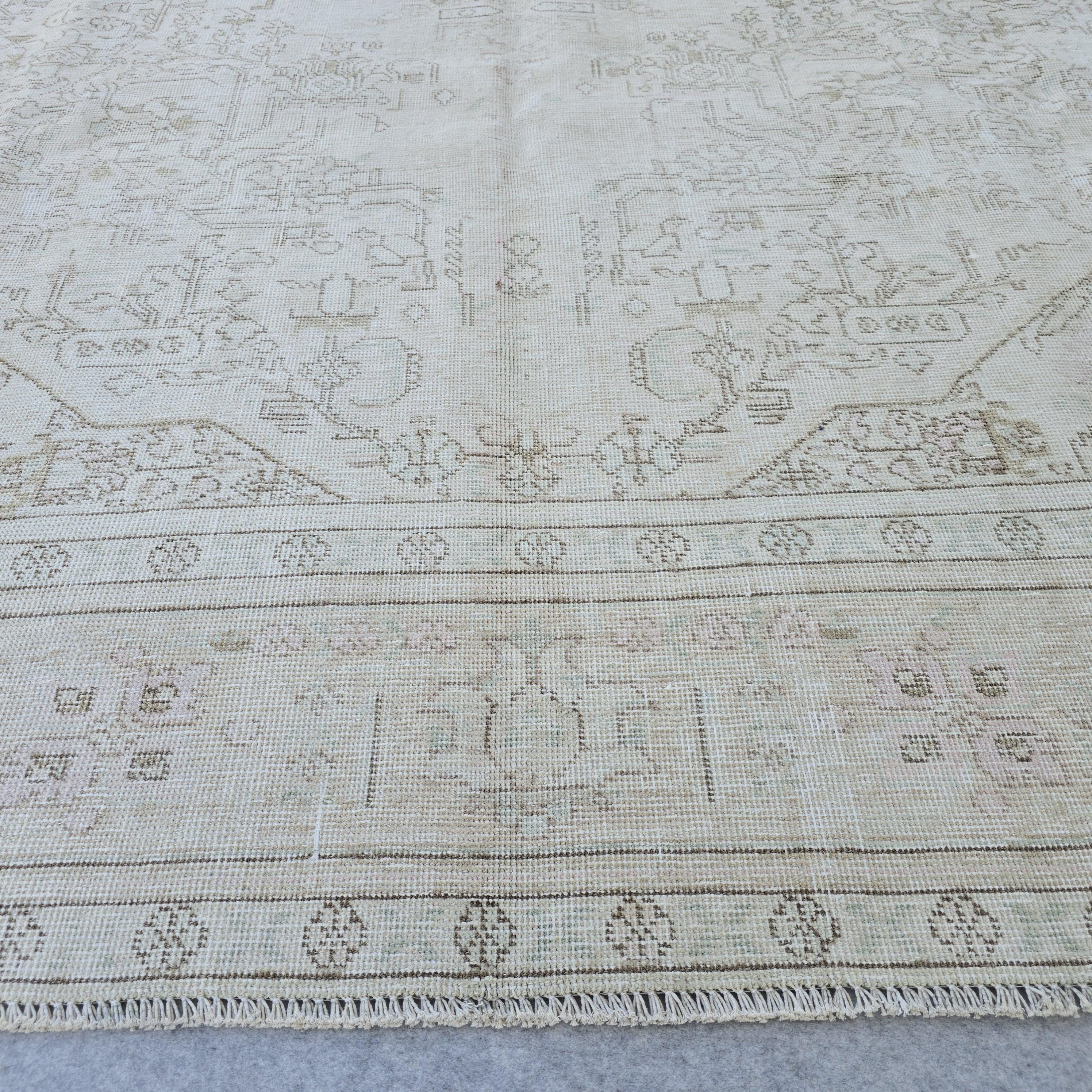 Oversized Turkish Oushak Rug: 9.7x12.15 ft, Faded Cream Beige Wool Anatolian Carpet