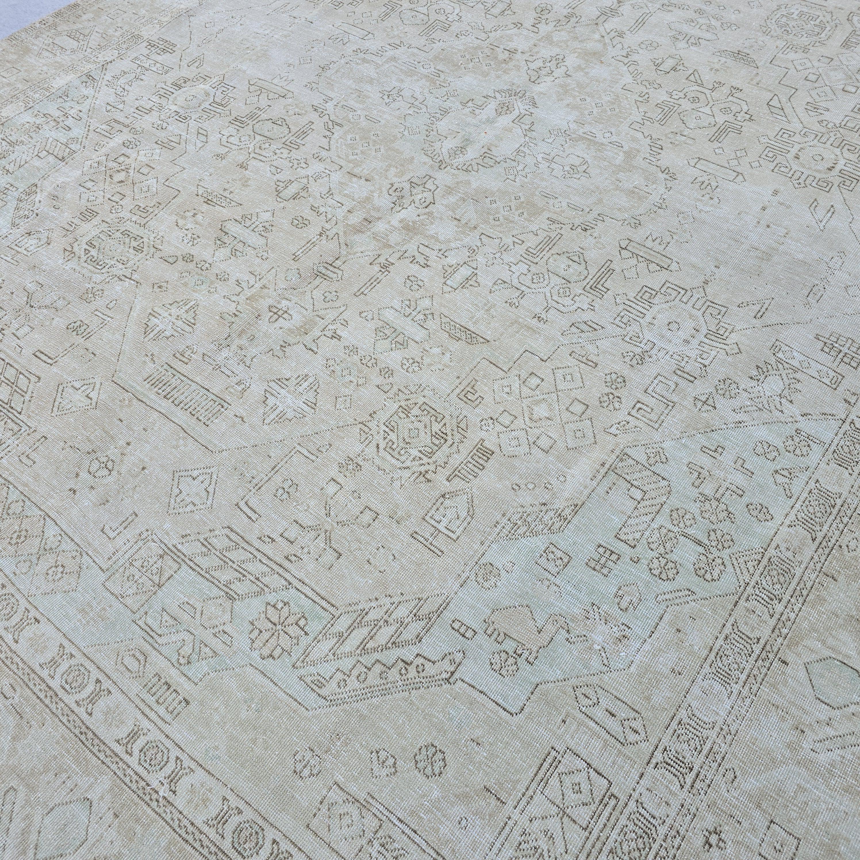 Oversized Turkish Area Rug: Vintage Anatolian Oushak, Blush Sage Green, 9.7x12.25 ft