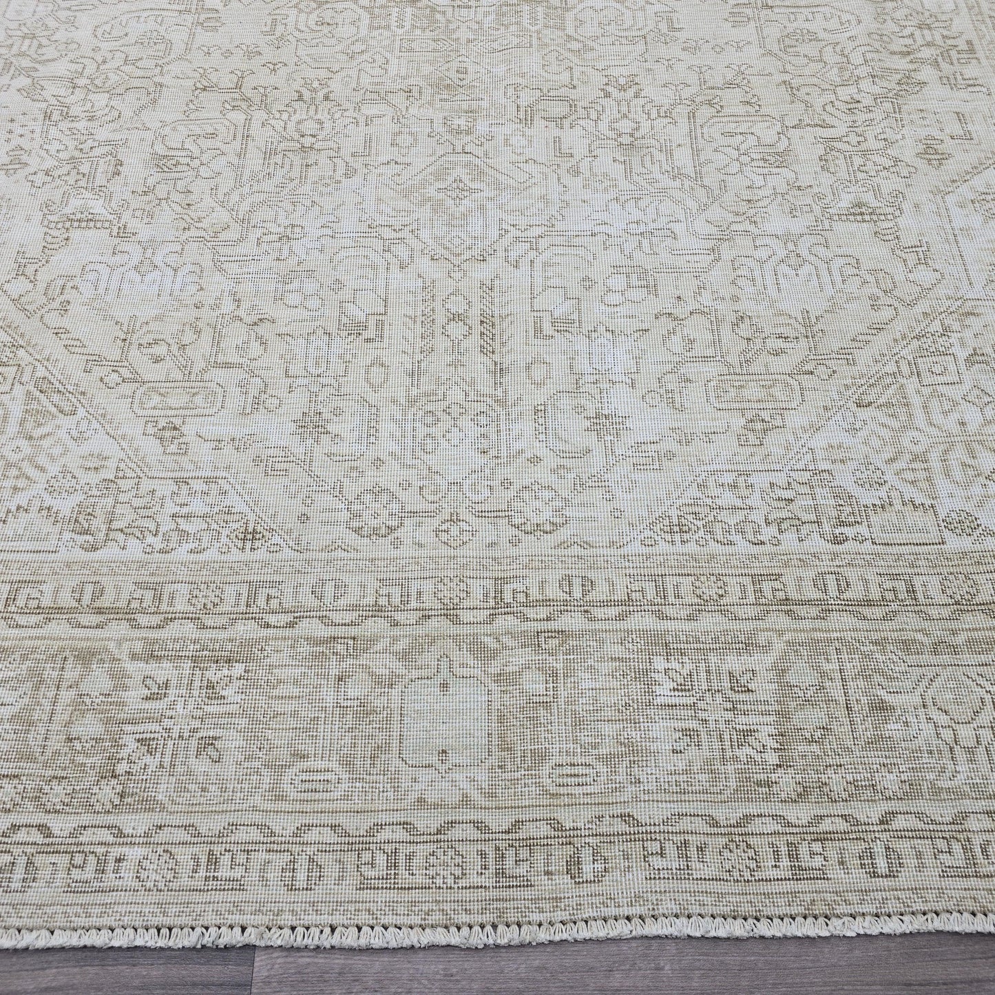 Oversized Neutral Turkish Rug 9x12: Vintage Cream Beige Wool Area Rug