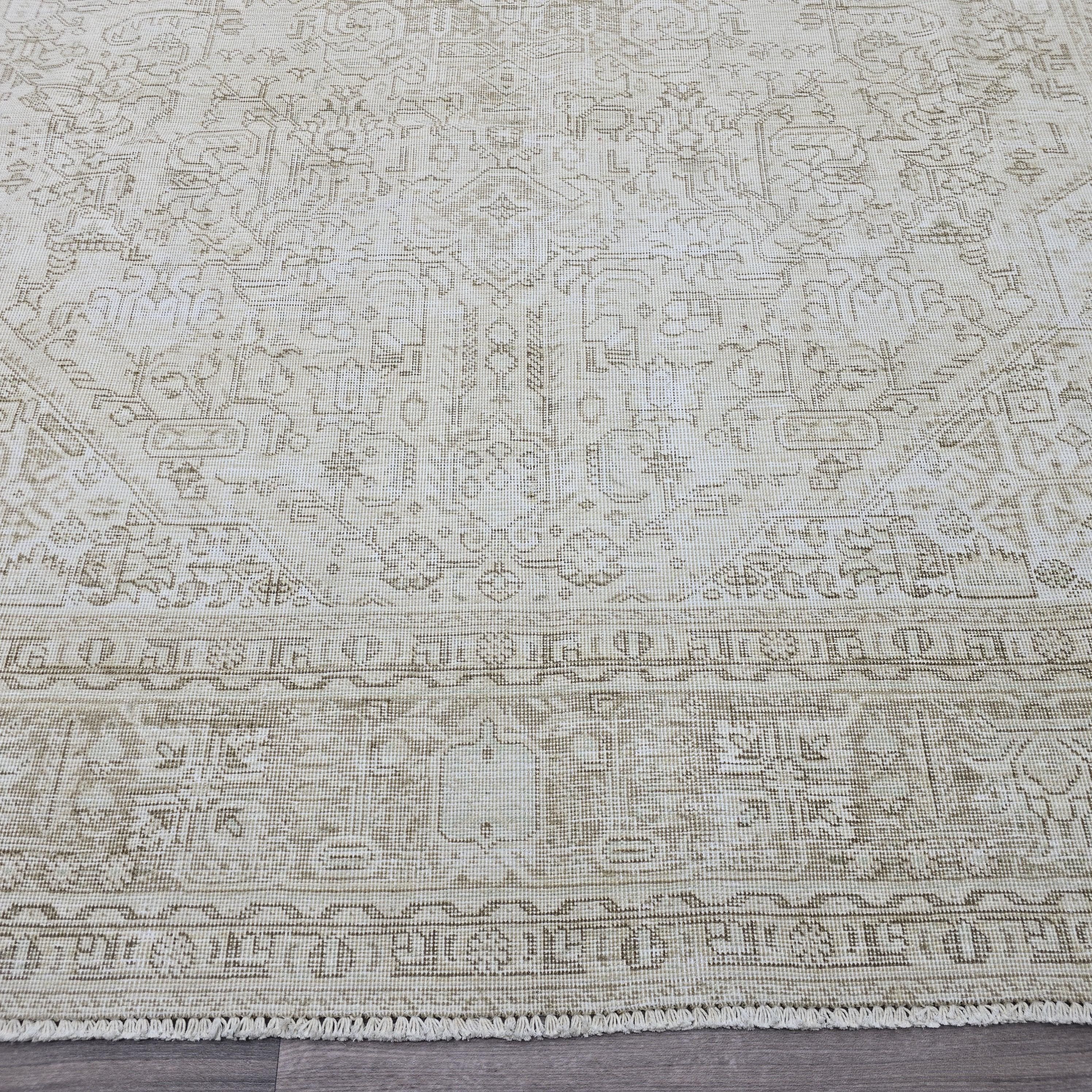 Oversized Neutral Turkish Rug 9x12: Vintage Cream Beige Wool Area Rug