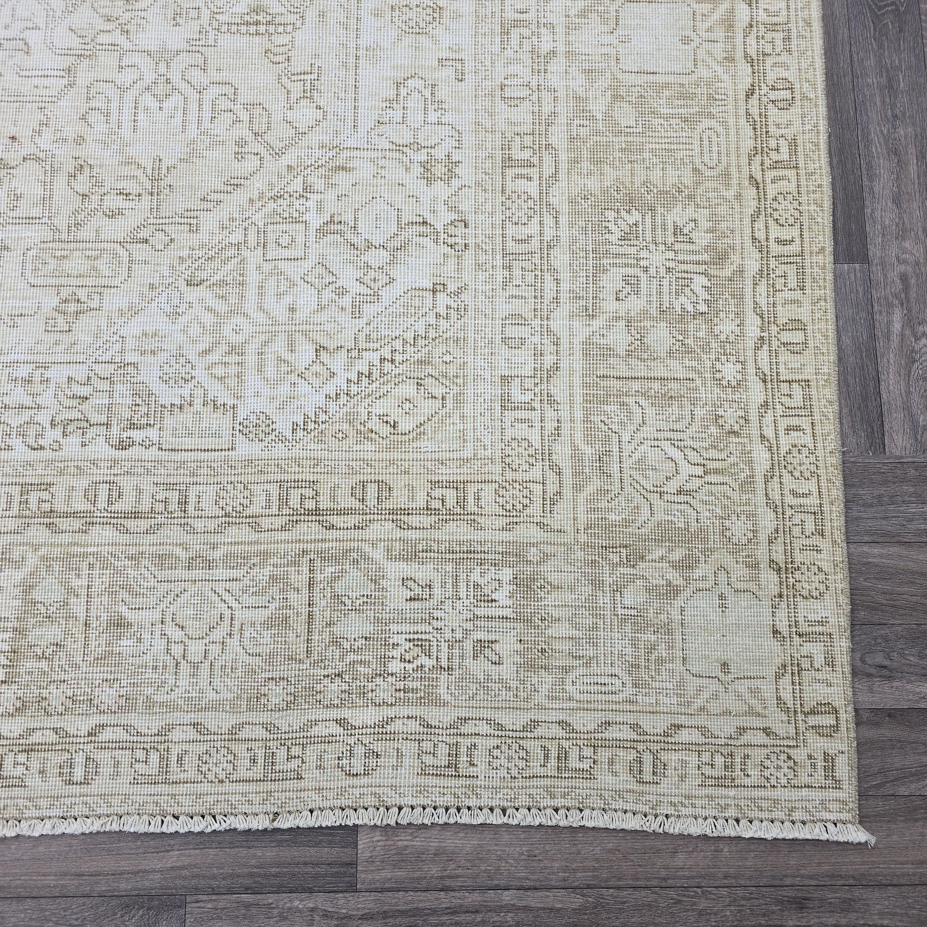 Oversized Neutral Turkish Rug 9x12: Vintage Cream Beige Wool Area Rug