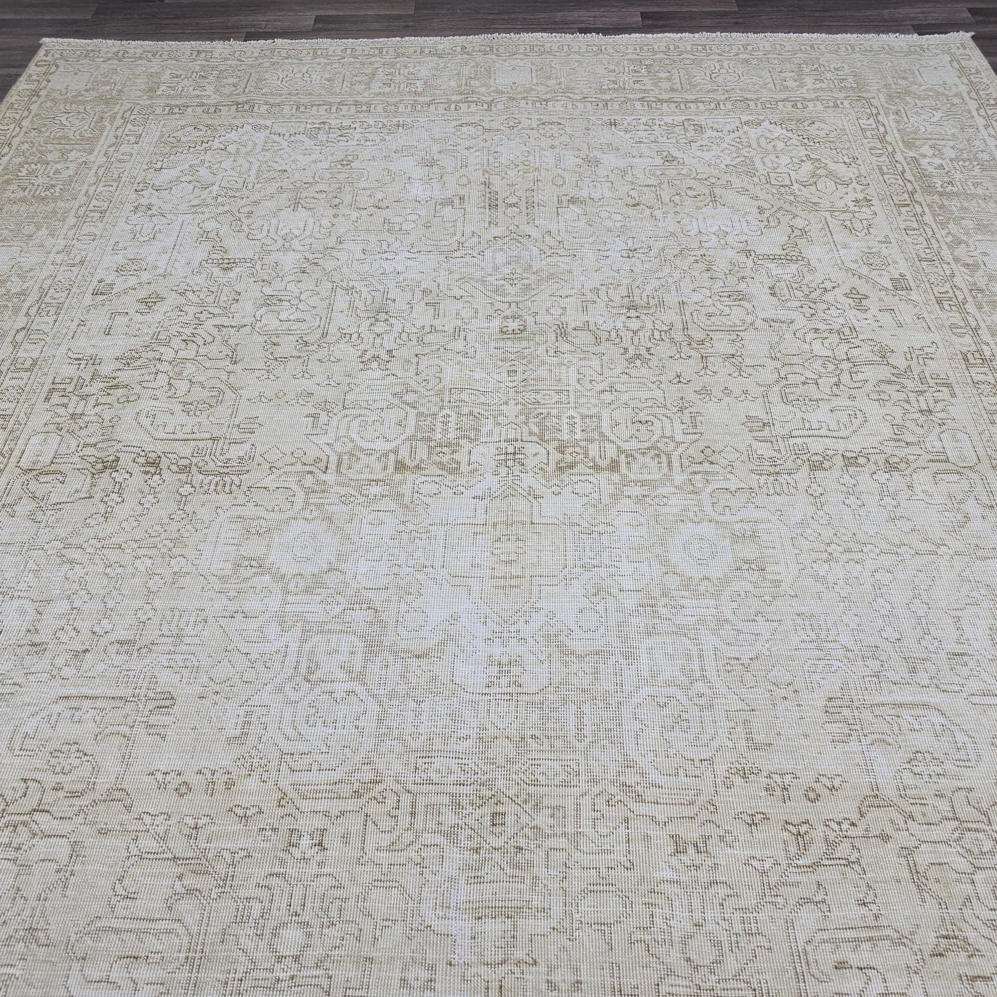 Oversized Neutral Turkish Rug 9x12: Vintage Cream Beige Wool Area Rug
